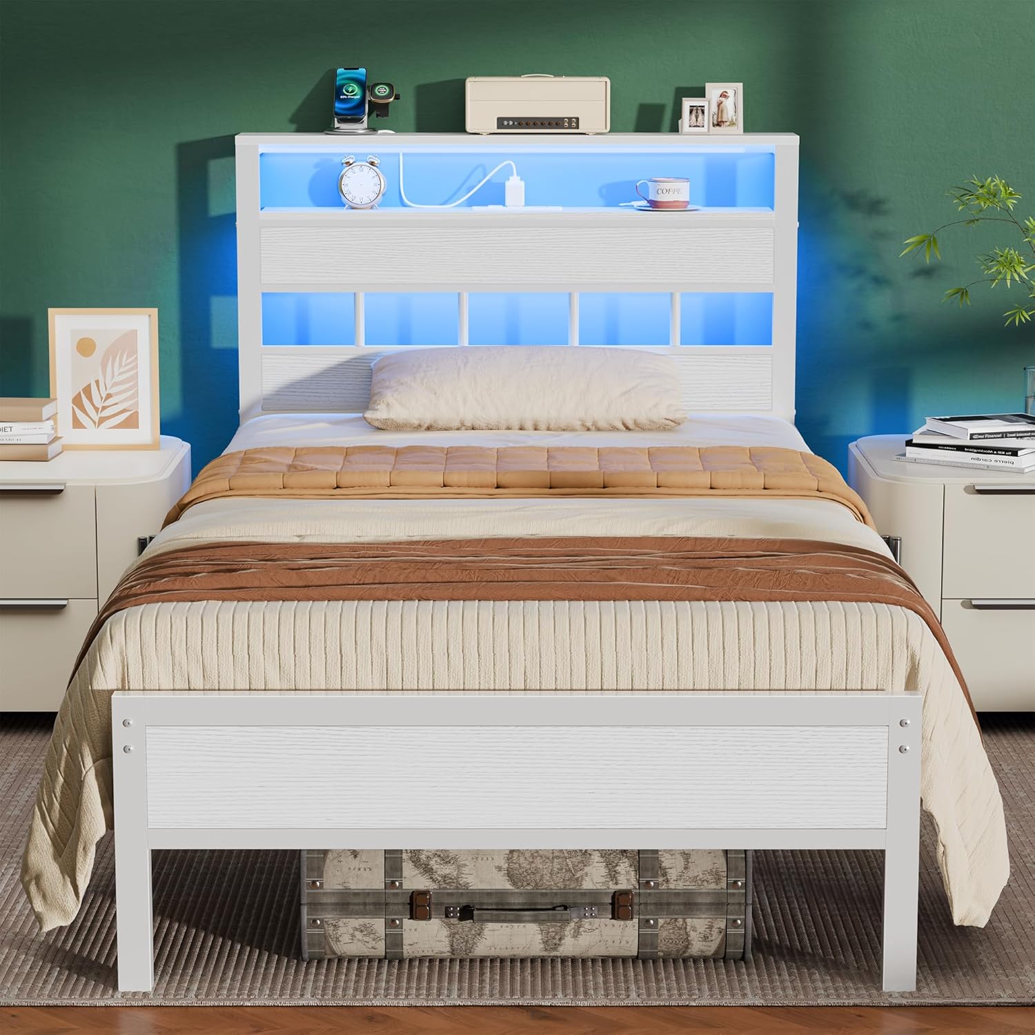 Furnulem Twin Bed Frames with Charging Station and LED Lights, Twin Size Platform Bed with Metal Slats, Wood Headboard with 2-Tier Storage Shelves, No Box Spring Needed, White White Twin