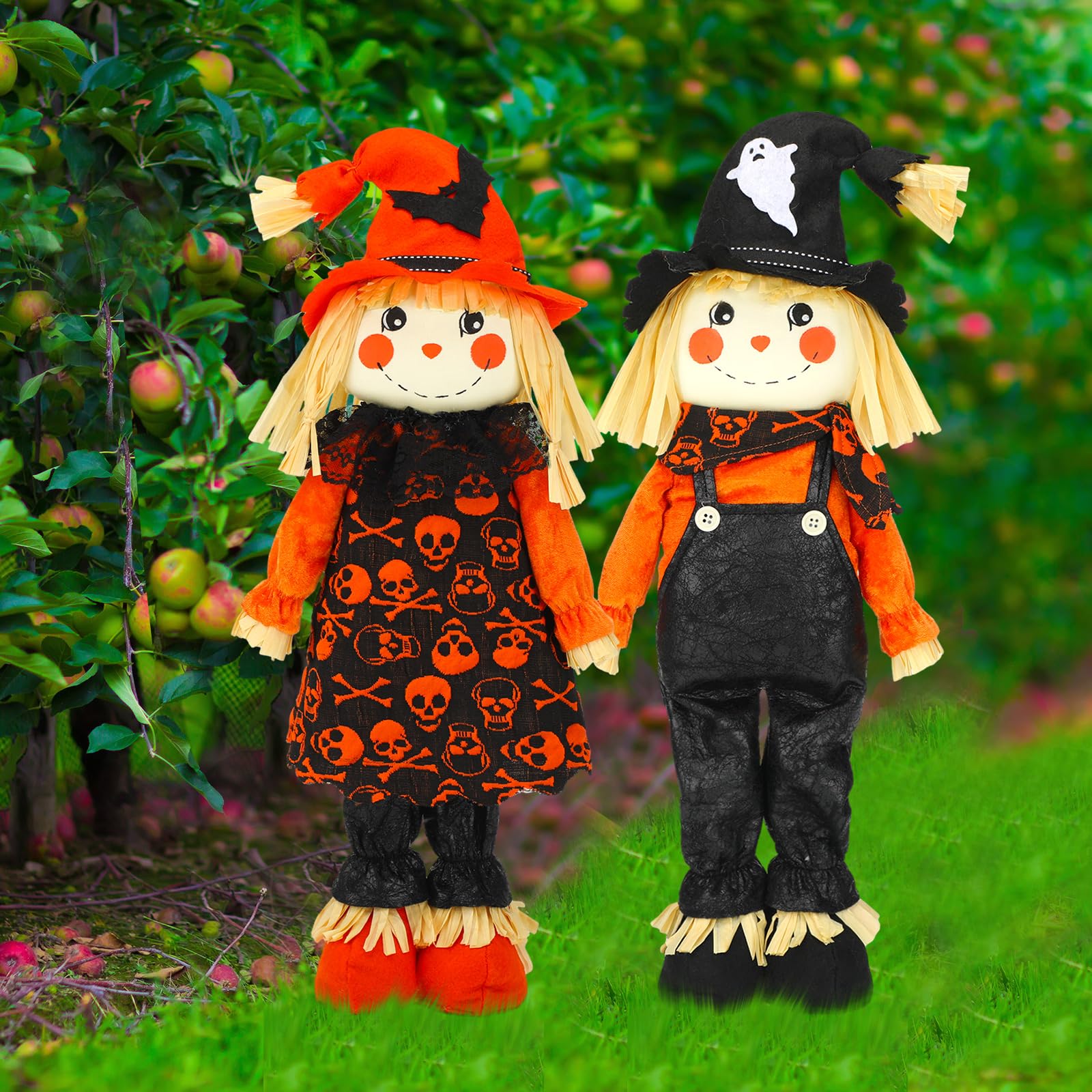 Lenwen 20 Inches Halloween Scarecrow Decoration Outdoor Garden Scarecrows for Outside Halloween Outdoor Decorations Boy and Girl Prop Standing Fall Scarecrow Bat Ghost Printed for Garden Yard Decor