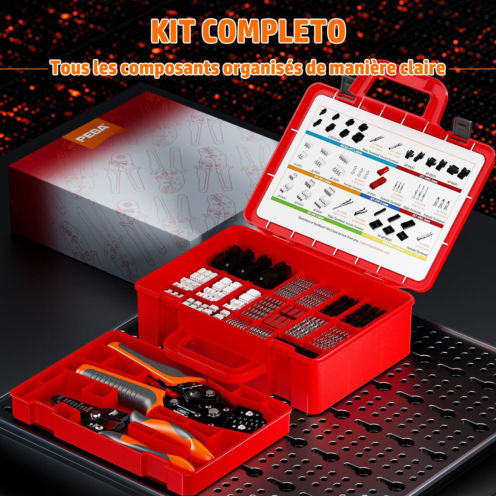 PEBA Kit de micro connecteurs avec pince à sertir à cliquet - Micro-Fit 3.0, Dupont 2,54 mm et JST-PH/XH/SM/SYP, 45 types de connecteurs, 0,03-1,5 mm² avec pince à dénuder