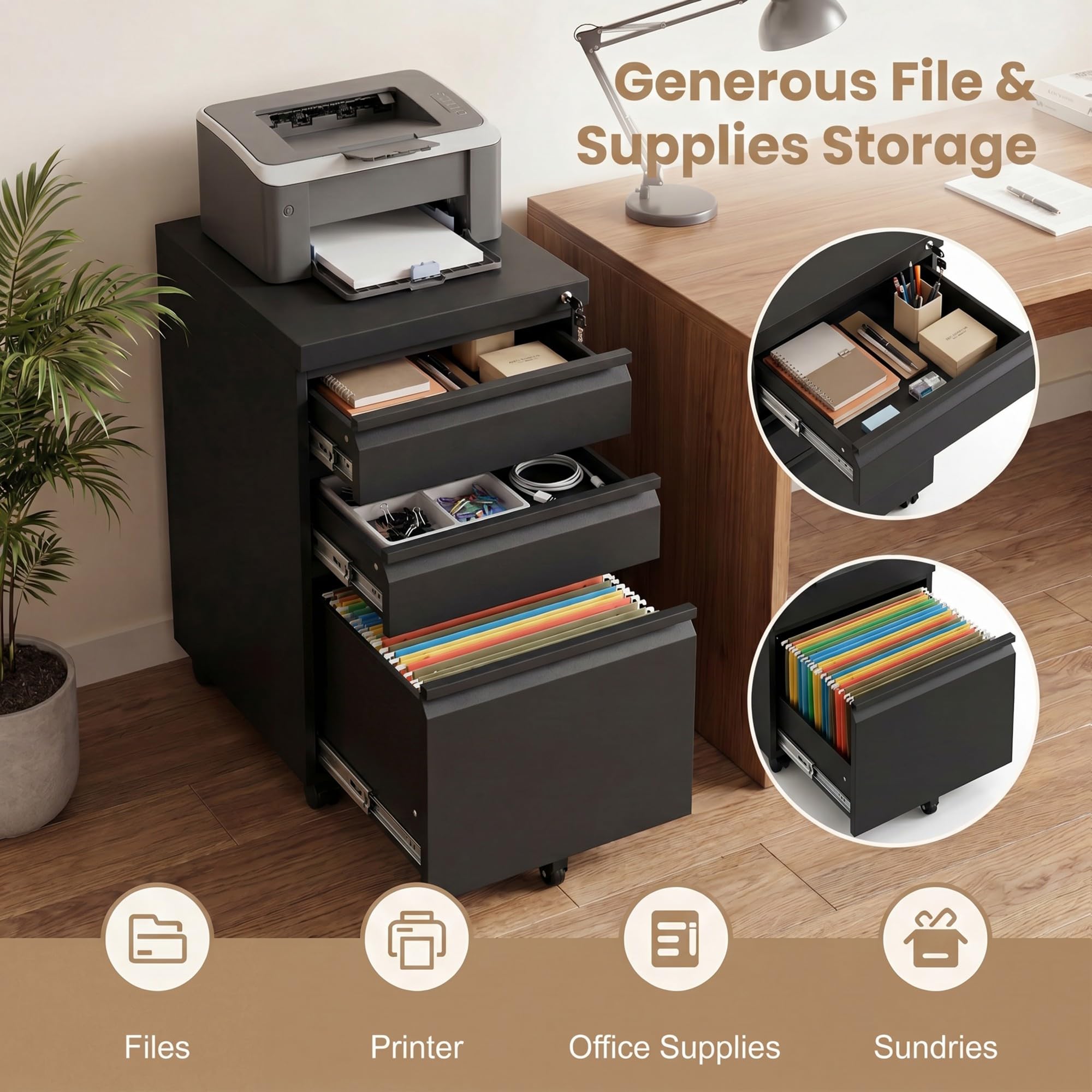 KOMFOTTEU Armario Archivador Móvil con 3 Cajones, Cajonera de Oficina con 5 Ruedas Universales, Cerredura y 2 Llaves, Cómoda Escritorio para Documentos, Soporte Impresora, 44 x 37 x 60 cm (Negro)