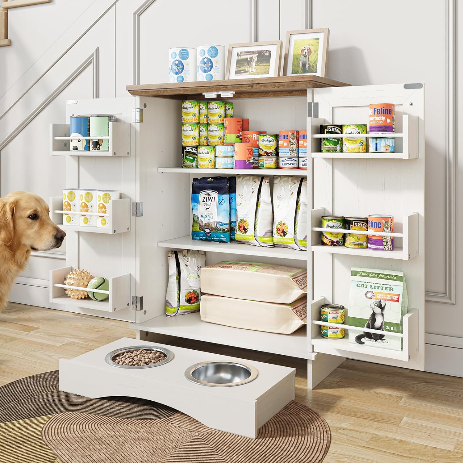 FIMELLO 32.2" H Dog Feeding Station with Storage, Dog Feeder Station with 2 Feeding Bowls, Adjustable Shelf, Pet Storage Cabinet Organizers for Cats and Dogs, Oak and White Grain