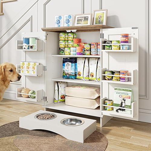 FIMELLO 32.2" H Dog Feeding Station with Storage, Dog Feeder Station with 2 Feeding Bowls, Adjustable Shelf, Pet Storage Cabinet Organizers for Cats and Dogs, Oak and White Grain