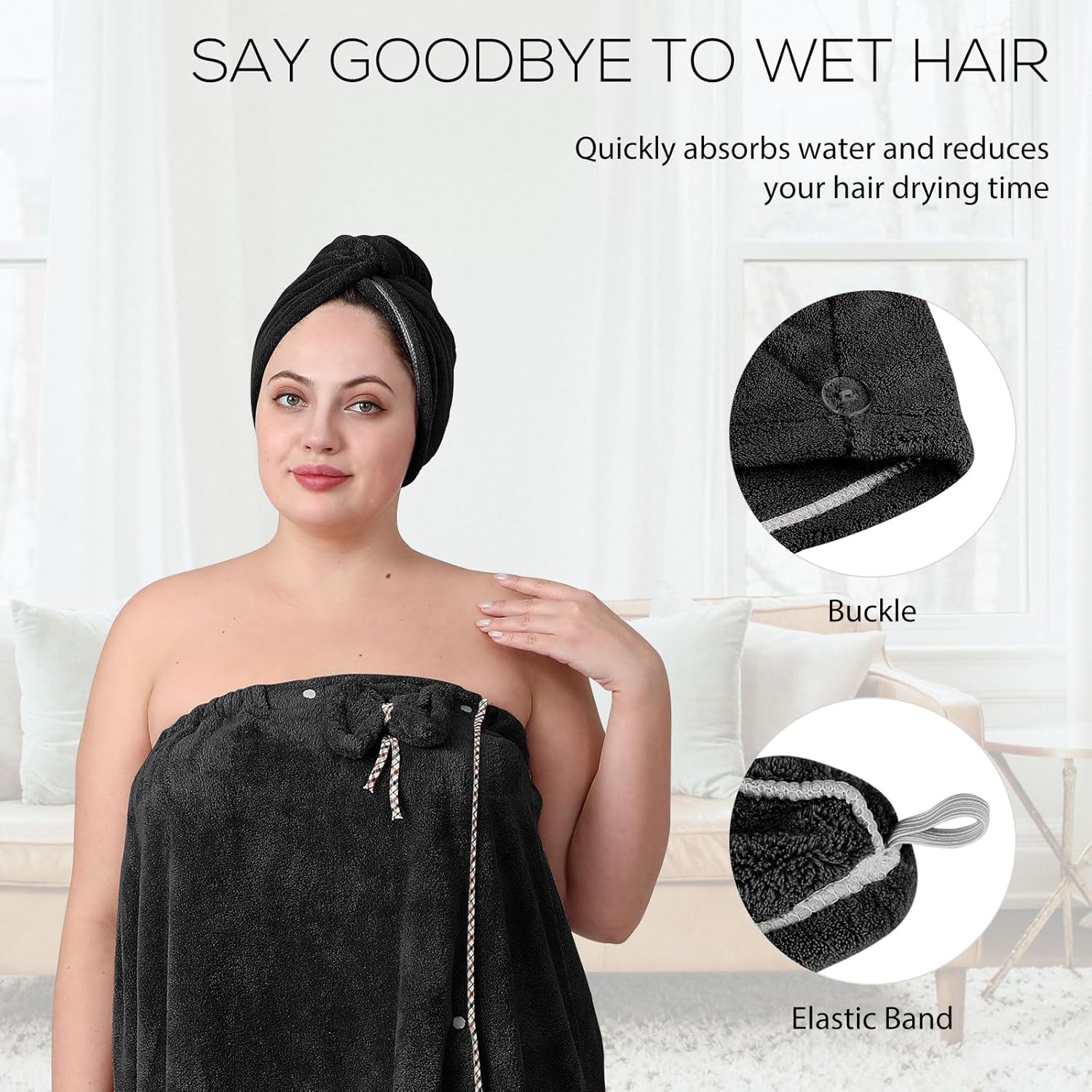 OneDream Plus Size Towel Wrap for Women, Adjustable Towel Wrap Women with Hair Towel (XXL-XXXXL), Bath Towel Dress After Shower, Large Spa Towels for Body Black - Image 7