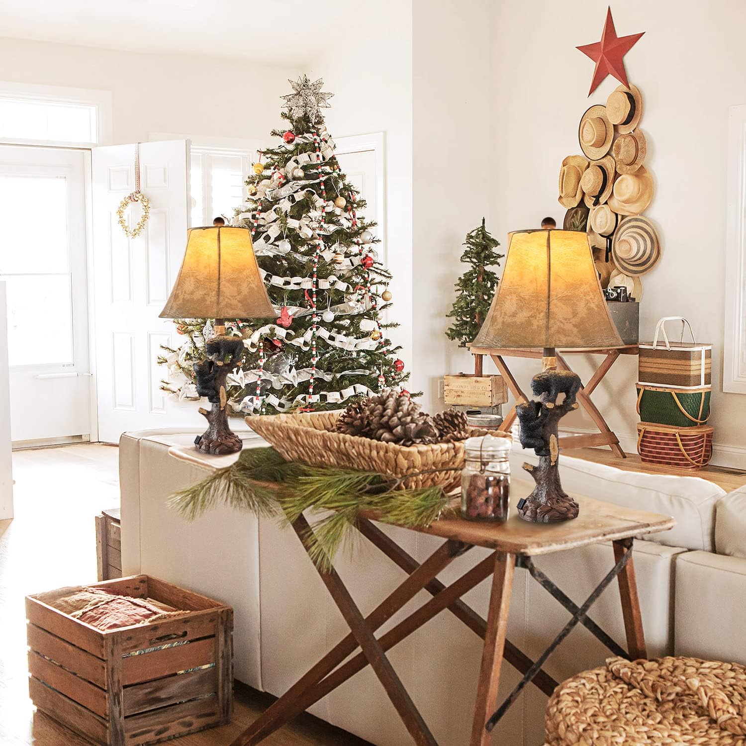 LOKHOM Climbing Bears Rustic Western Table Lamp Set of 2, 26" Rustic Bedside Lamp with USB & TypeC Charging Port, Natural Bears Table Lamp for Bedroom Living Room Foyer Office Valentine's Day Gift