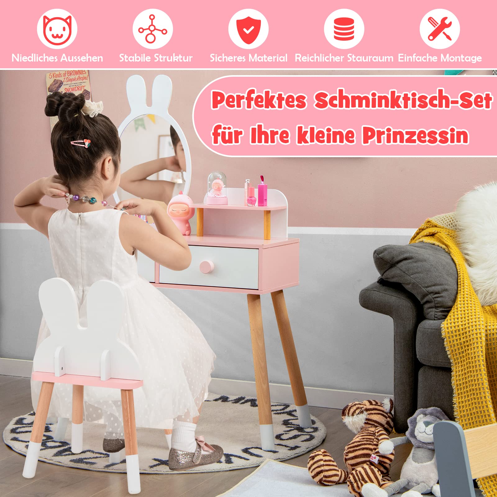 DREAMADE 2 in 1 Kinder Schminktisch mit Hocker und abnehmbarem Spiegel, Kinderschminktisch aus Holz, Prinzessin Frisiertisch Kosmetiktisch mit Schublade für Kinder Mädchen ab 3 Jahren (Weiß)