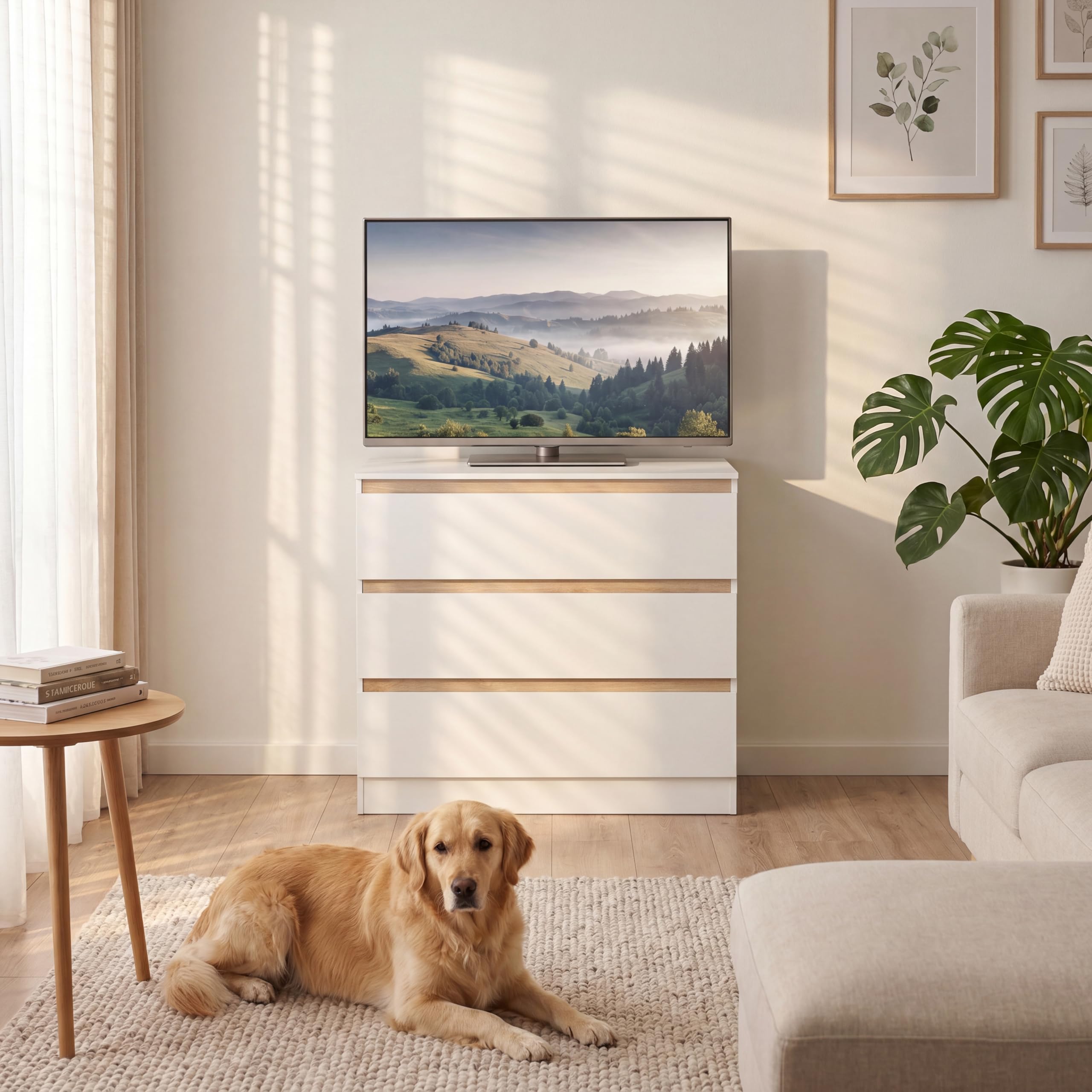 WOLTU Cómoda Blanca con 3 Cajones, Cajonera Moderna para Dormitorio, Armario de Almacenaje en Madera MDF, 80x48x78 cm