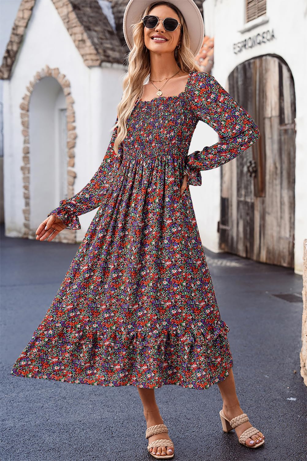 Dokotoo Boho Dresses for Women 2025 Casual Floral Square Neck Long Sleeve Smocked Elastic Waist Tiered Ruffle Hem Maxi Dress - Image 4