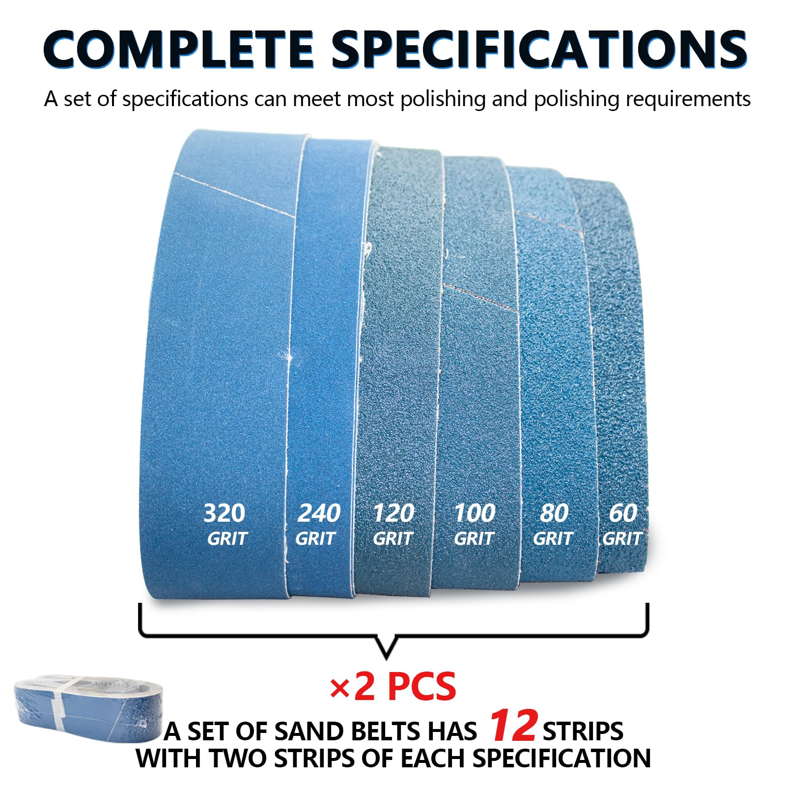 FEIHU Bandes abrasives métalliques 50 x 686 mm. Jeu de bandes abrasives. 2 x 60/80/80/100/120/240/320 pour ponceuse à bande d'établi. Pour le ponçage, le décalaminage et le polissage (12 pièces)