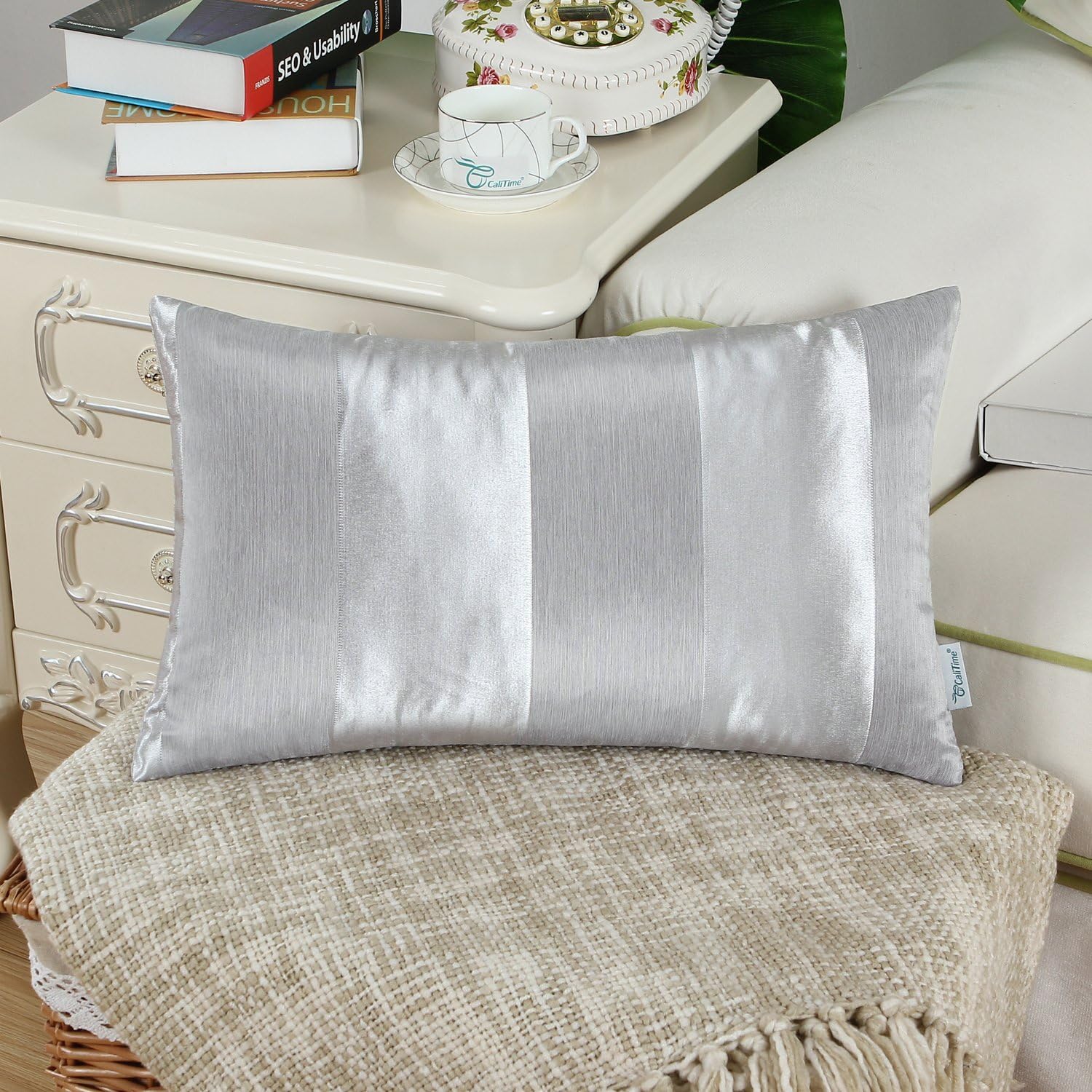 CaliTime Pack of 2 Cushion Covers Pillow Cases Shells for Couch Sofa Home Decoration Modern Shining & Dull Contrast Striped 12 X 20 Inches Silver Gray