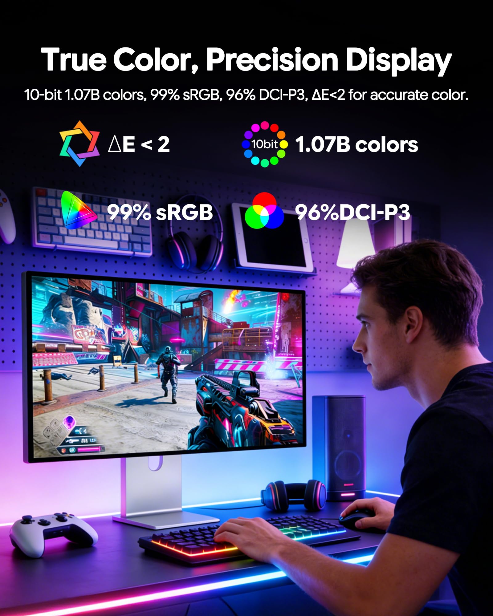 P27D 27'' 4K Monitor, 144HZ, 3840x2160 Honeycomb sin Soporte | Panel IPS, 99% sRGB, 500 cd/m² Brillo, USB-C 100W Carga, Altura Regulable – Pantalla para Gaming y Oficina