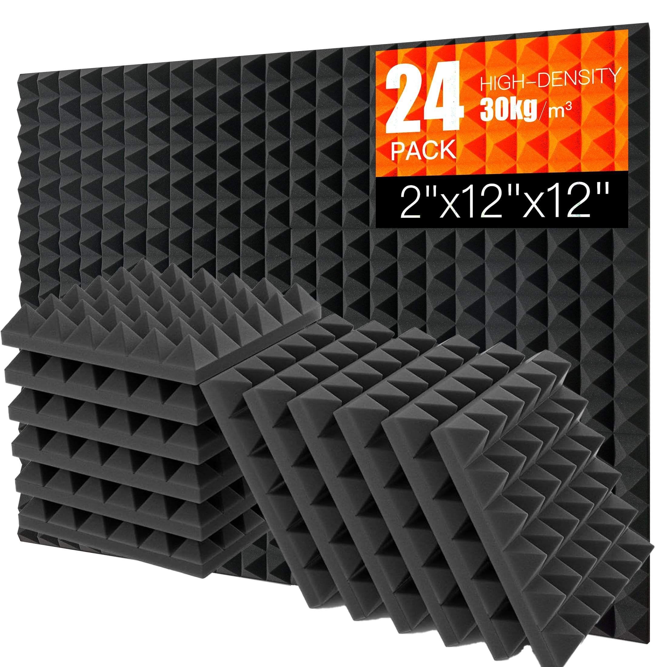 Acoustic Foam Panels 24 Pack 2" x 12"x 12" Pyramid Saiqiang Sound Panels Noise Reducing for Walls Black Soundproof Foam Absorbing Fire-Resistant Soundproofing High Density for Studio, Gaming Room