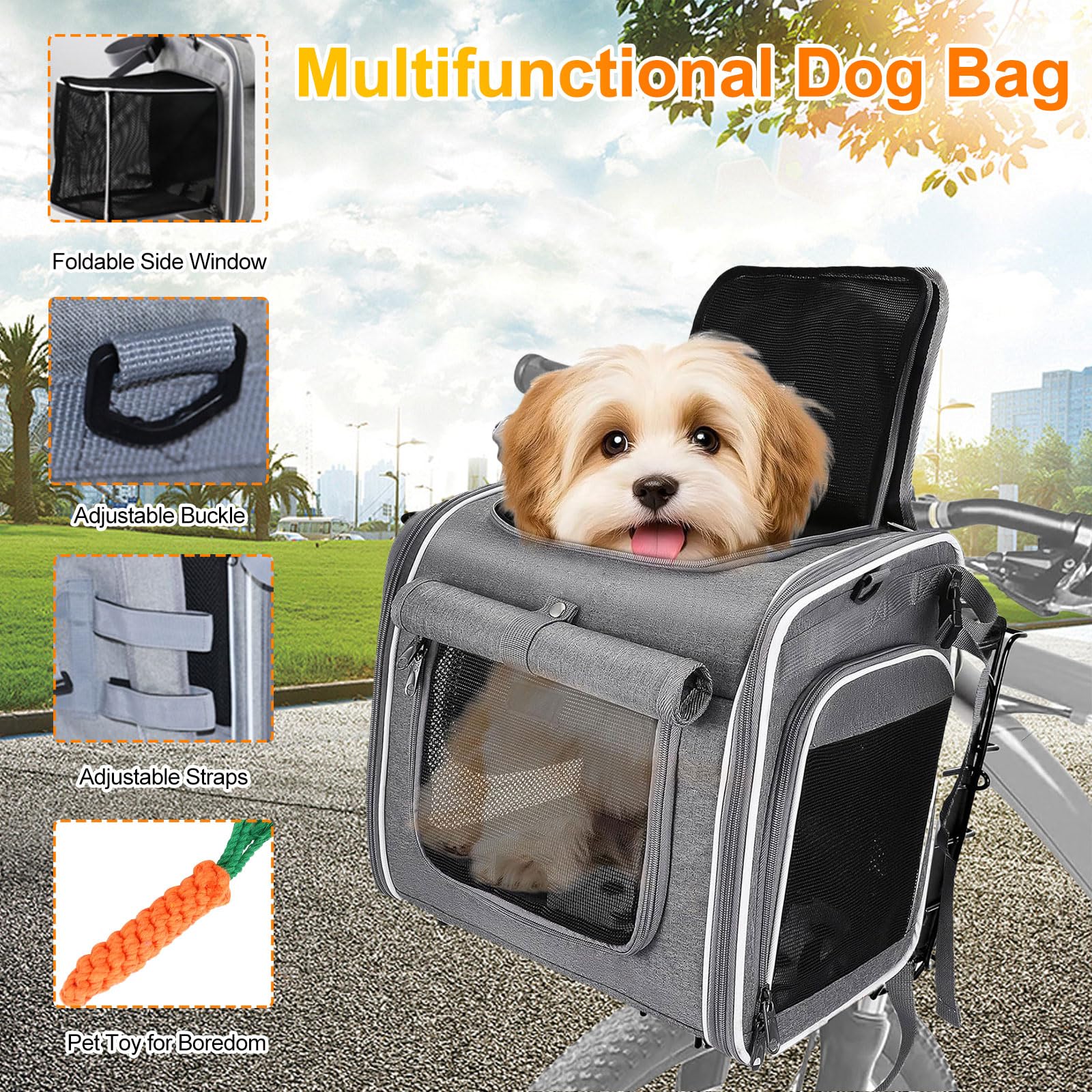 Panier de vélo Avant pour Chien, 4 en 1 Panier de vélo pour Petite 4 Portes Ouvertes, 4 fenêtres en Maille, avec Coussin,Imperméable, Idéal Panier Velo pour Petits Chiens, Chats jusqu'à 8KG