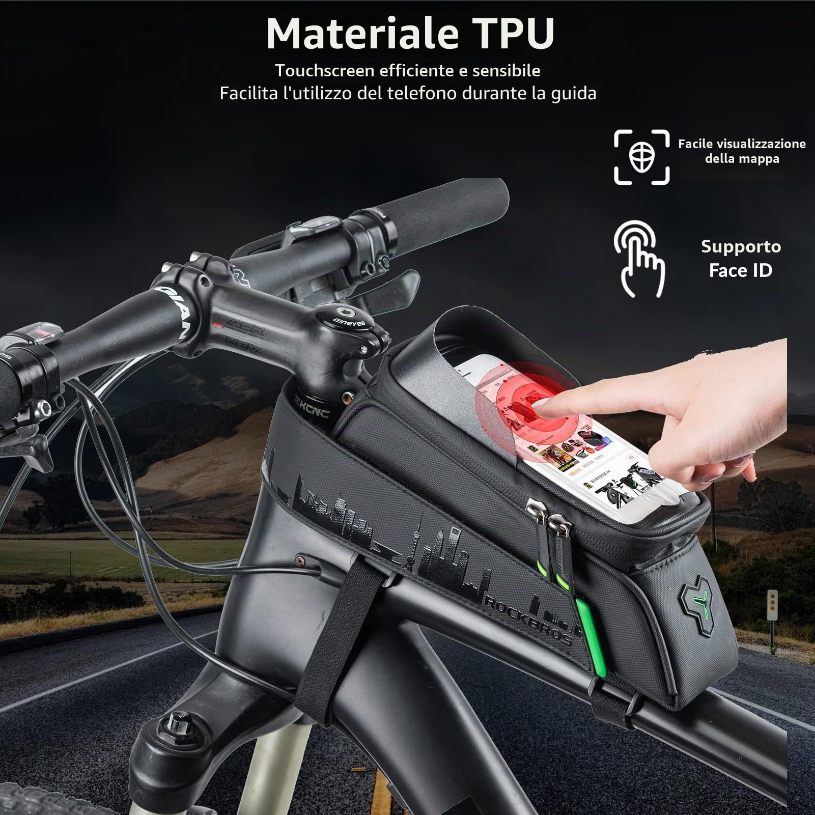 ROCKBROS Borsa Telaio Bici, Porta Cellulare MTB, Borsa Manubrio, Grande capacità 1.5L, con Touch Screen e Visiera Parasole, Impermeabile, Supporto Telefoni 5.8"/6.0", Accessori Ciclismo
