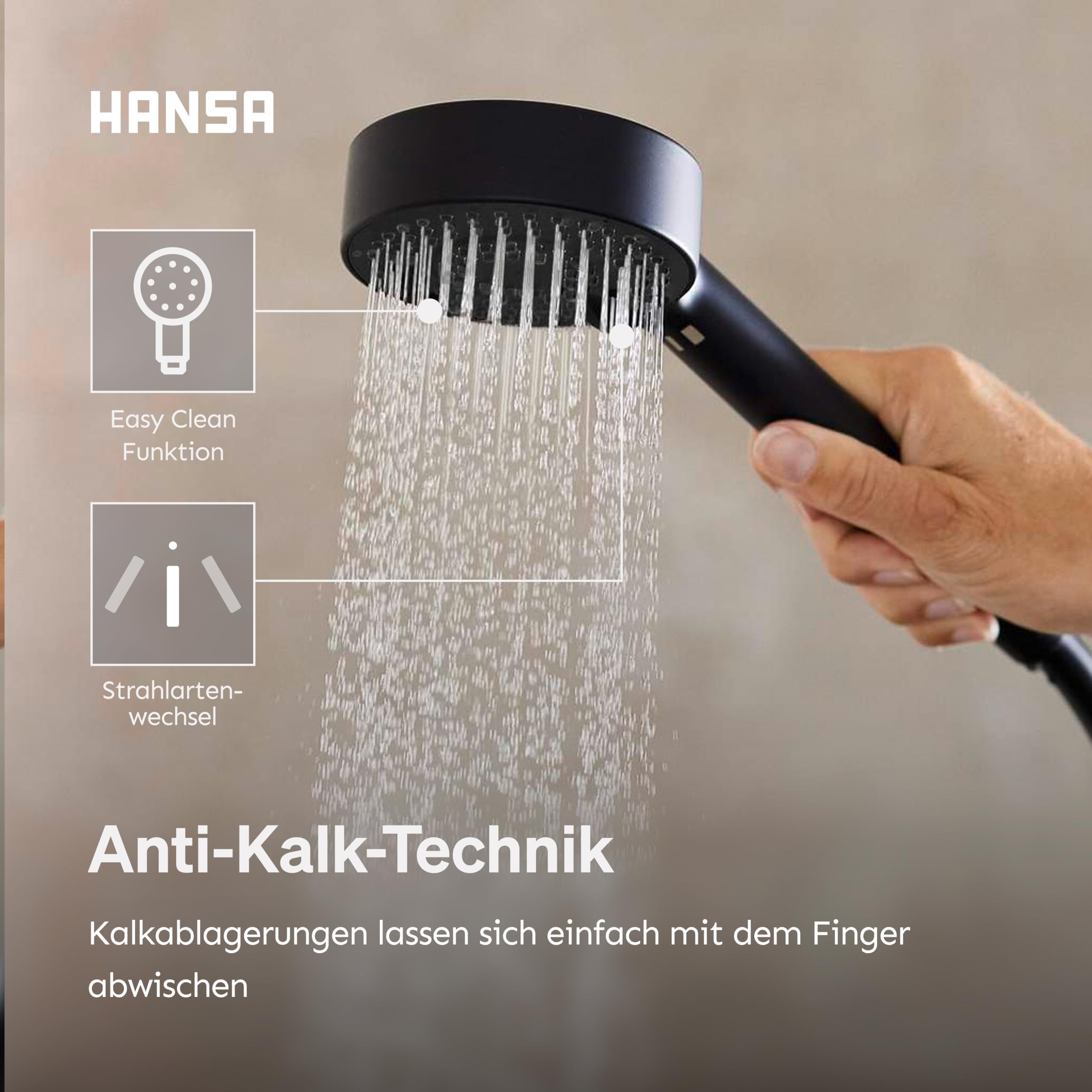 HANSA BASICJET Duschkopf mit 3 Strahlarten I Handbrause Dusche I Anti-Kalk Funktion I Brausekopf 95 mm Durchmesser | Standard G 1/2 Anschluss | Schwarz