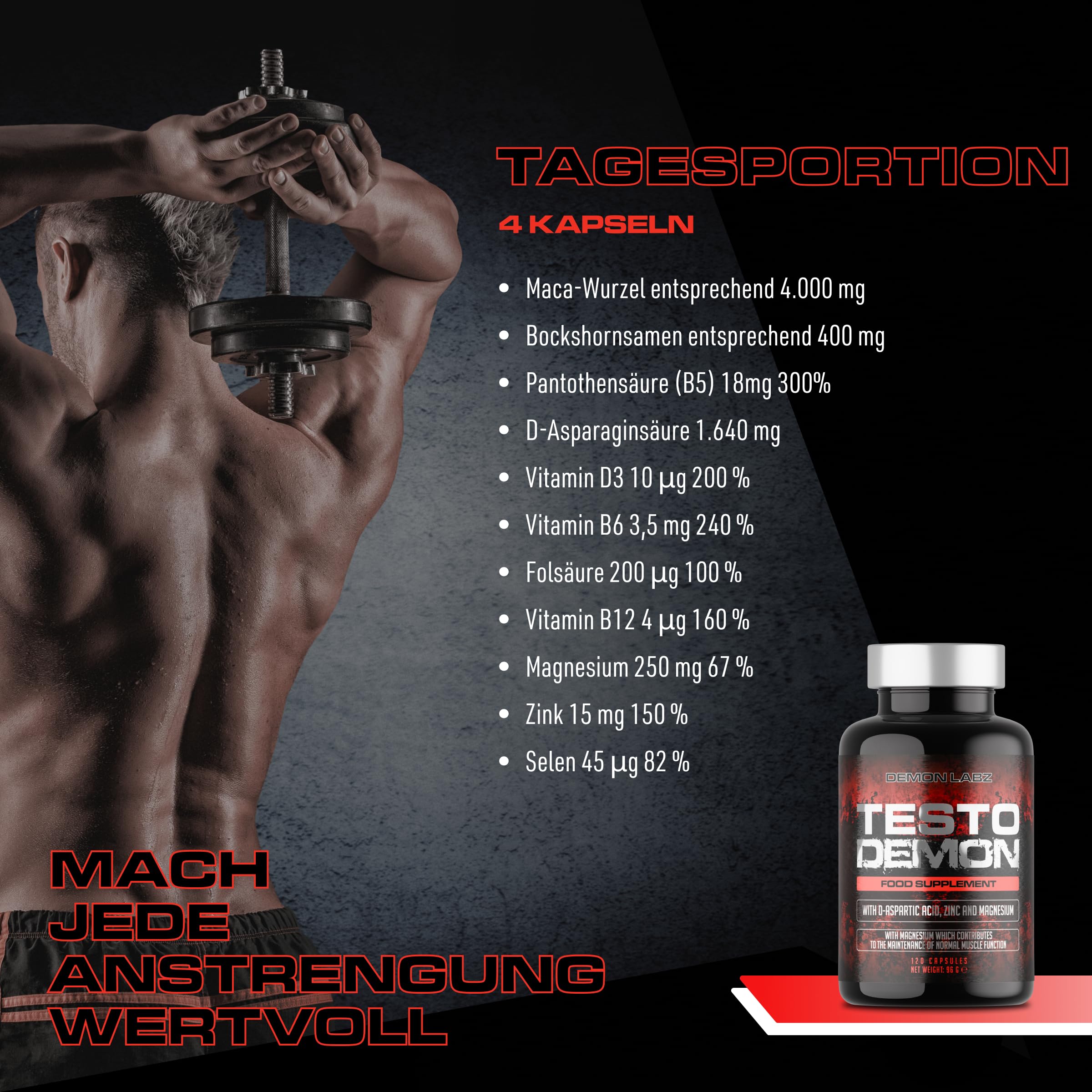 Testo Demon - Zink & Aminosäuren-Komplex mit Maca, B-Vitamin & Pflanzenextrakten - 120 Kapseln für Männer