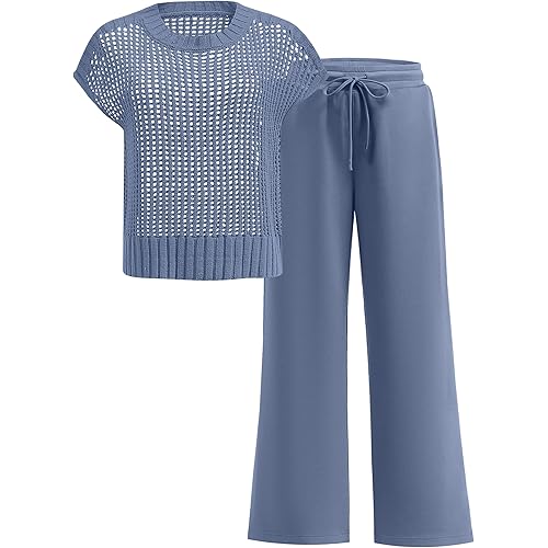ANRABESS Women Two Piece Outfits Crochet Sheer Knit Sweater Top Wide Leg Pants Lounge Matching Sets Sweatsuit Travel Clothes