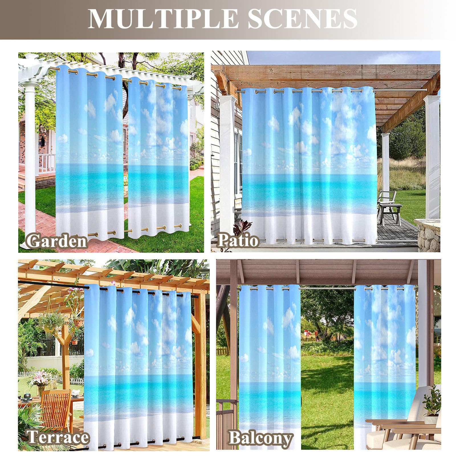 Hiseng Outdoor Vorhänge Wetterfest mit Ösen Oben und Unten, 3D Meerblick Muster wasserdichte Outdoorvorhänge 1 Stück Verdunkelungsvorhang Sichtschutz Vorhang für Garten (Kokosnussbaum,200x200cm)
