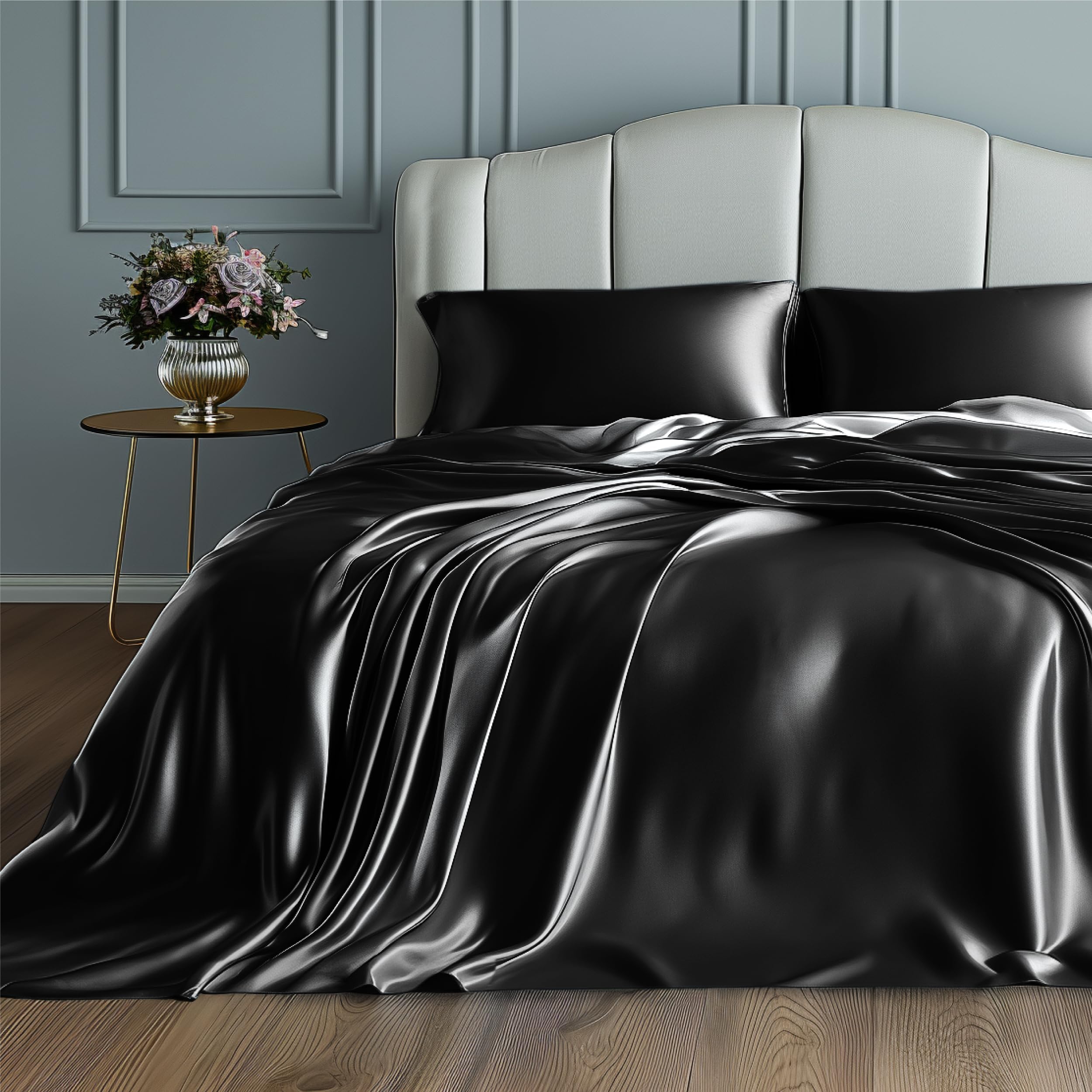 SatinSilk Sheets Full Size Bed Set, Black Soft Cooling Deep Pocket Sheets