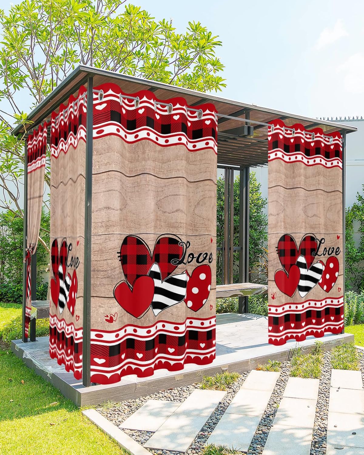 Indoor Outdoor Curtains for Patio Valentine's Day Vintage Red Plaid Love Heart Wood Grain Outside Curtains Waterproof Grommet Privacy Light Filter Drapes for Porch Pergola Gazebo 52"Wx95"L 2 Panels