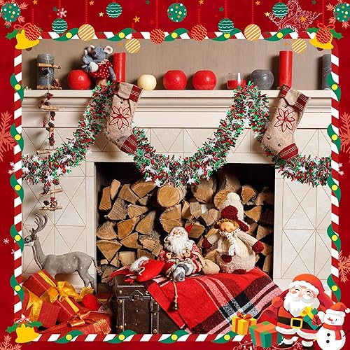Miniatura 3 de Guirnalda de oropel metálica de Navidad de 65.6 pies con cinta roja verde y copo de nieve, decoraciones de oropel colgante para árbol de Navidad,