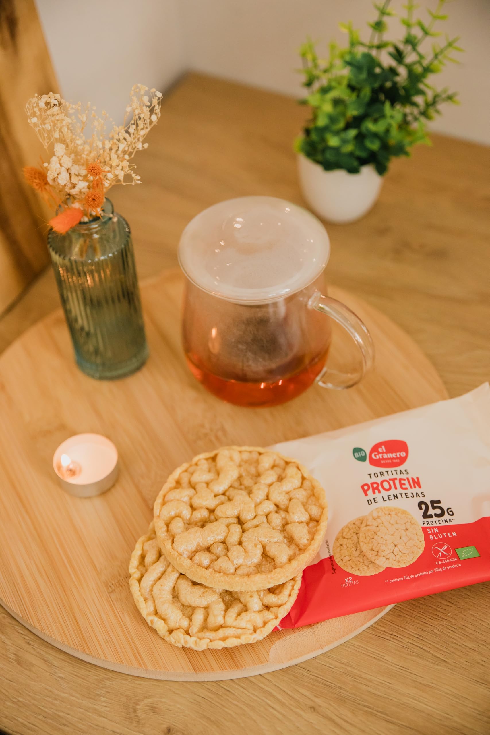 EL GRANERO INTEGRAL - Pack de 8 unidades de Tortitas Protein de Lentejas - 22 g - Ecológicas, Sin Azúcar Añadido y Sin Gluten - Aptas para Veganos - Fuente de Fibra y con 25 gramos de Proteína
