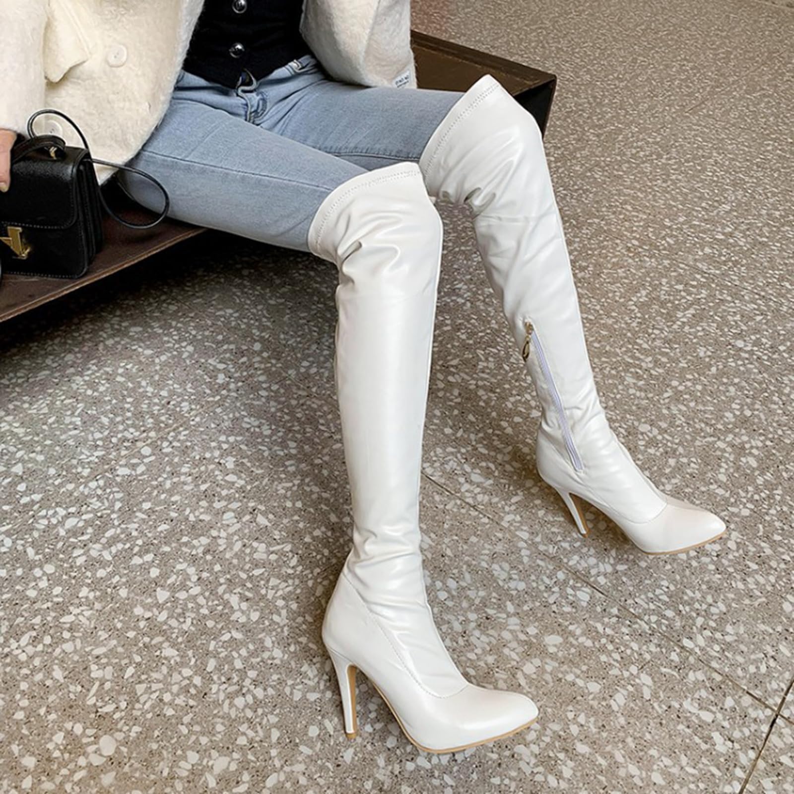 10.5CM/4.13IN Autunno e Inverno Stivali Donna Tacco a Spillo Punta Lato Cerniera Stivali di Moda sopra Gli Stivali al Ginocchio