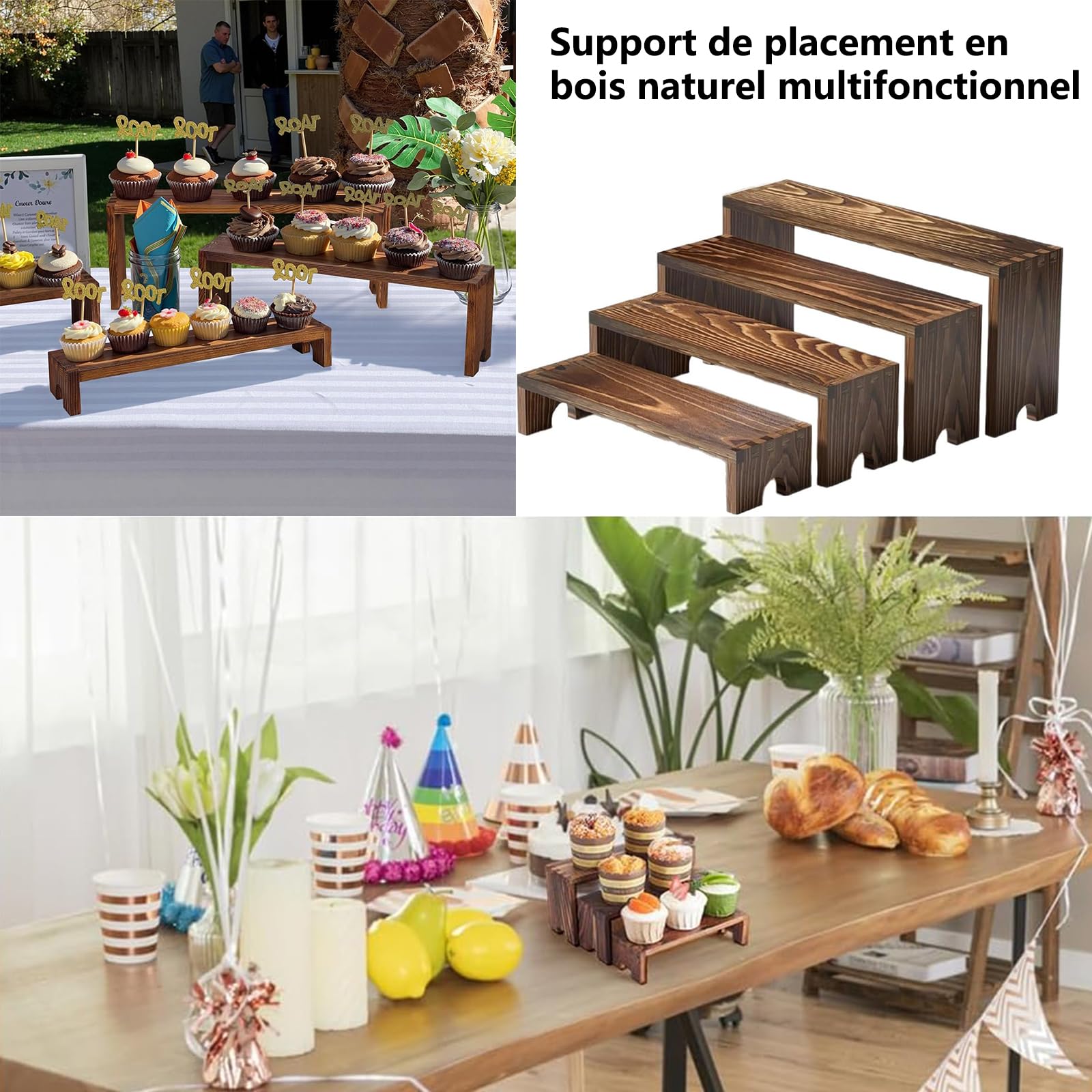 Alzata in Legno Massello 4 Ripiani, Porta Profumi, Espositore per Buffet, Supporto Display per Dolci, Collezioni, Figura, Libri, Cosmetici, Mensola Decorativa per Casa