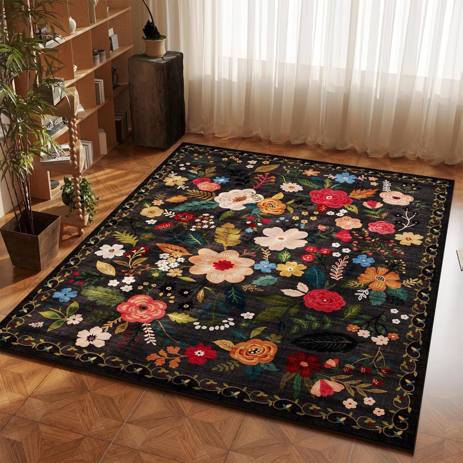 Générique Tappeto retrò 160 x 200 cm con motivi floreali in stile boemiano, antiscivolo, per casa, soggiorno, camera da letto, cucina, bagno, ingresso, cortile, giardino