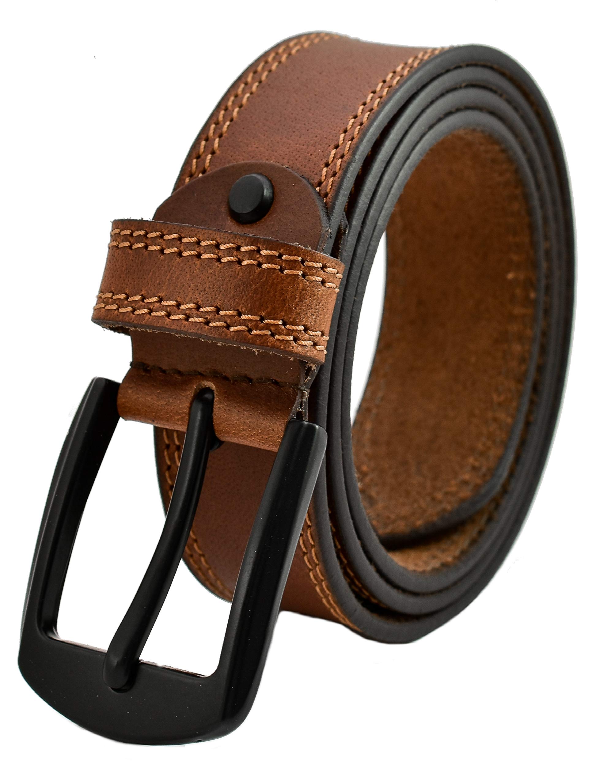 Men's Leather Belt Full Grain Genuine Thick Leather with Double Stitching - Mat Black Pin Buckle Great for Jeans, Casual, Formal, Work Wear (Waist Size In Inch (32-34), Tan)