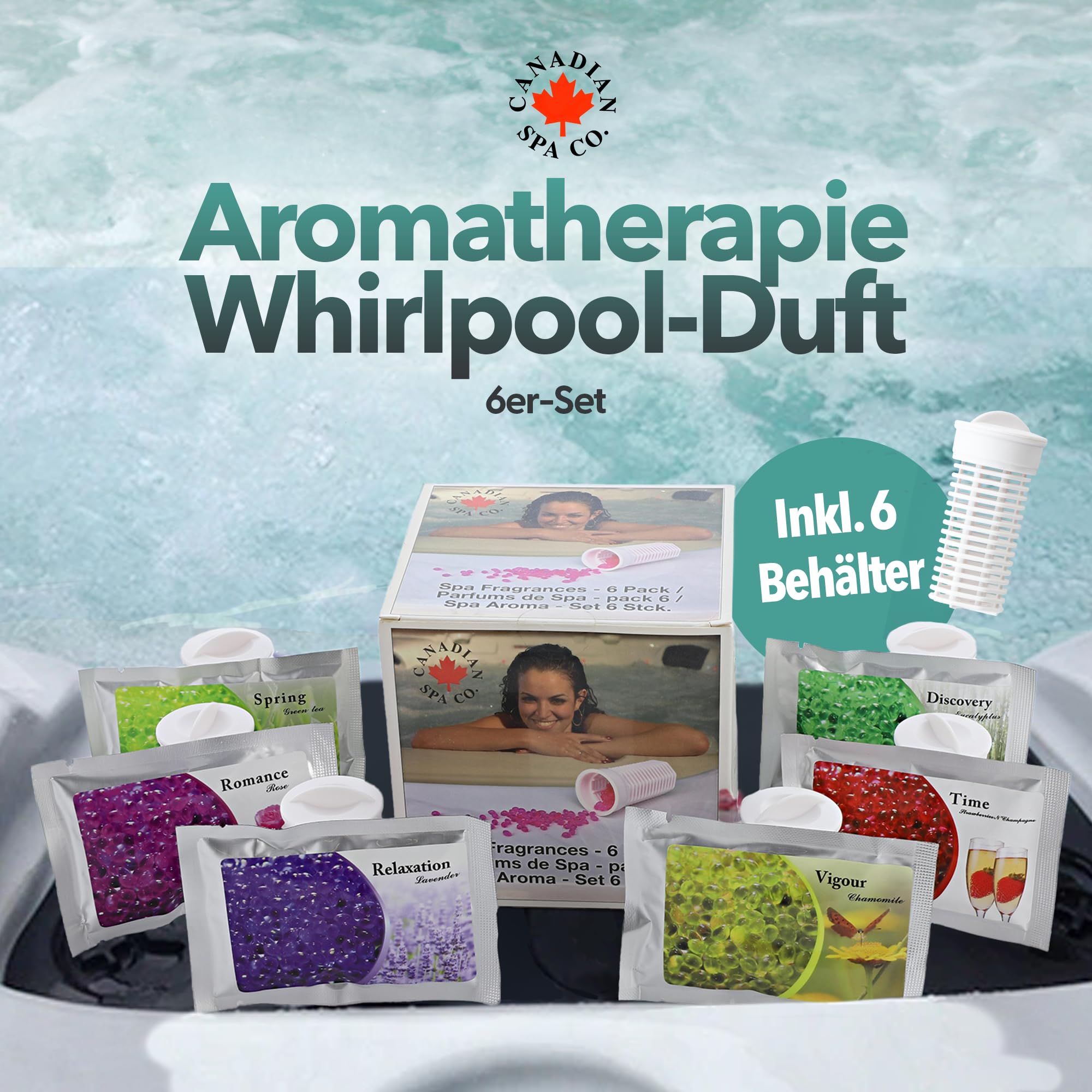 CANADIAN SPA CO. Aromatherapie Pool Duft, 6er-Set mit Eukalyptus, Rose, Grüner Tee, Lavendel, Kamille, Erdbeere-Champagner Düfte für Pools mit Aromatherapiefunktion