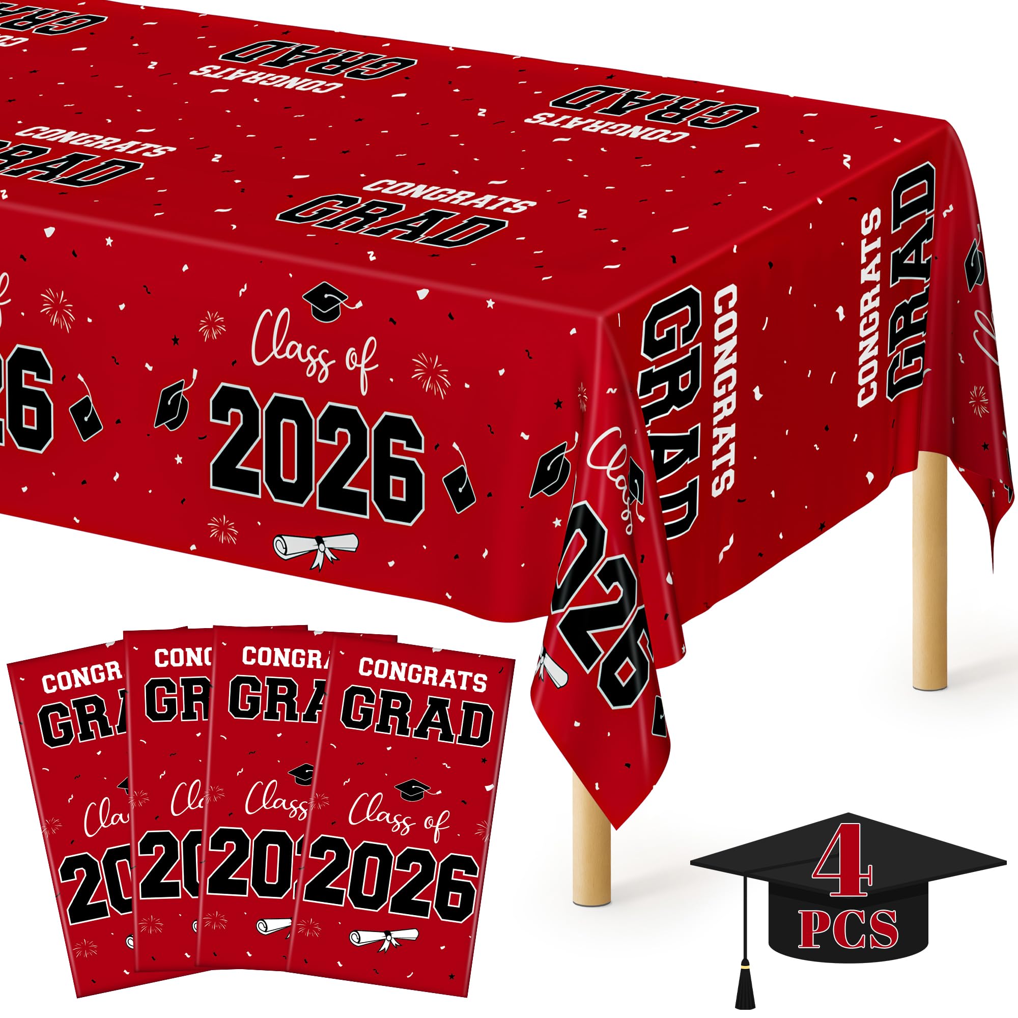 QZYL 4 Pack Graduation Table Cloth, 54" x 108" Red 2026 Graduation Table Decorations, Disposable Grad Party Decorations for College, Rectangle Plastic Tablecover for Class of 2026 Congrats Grad