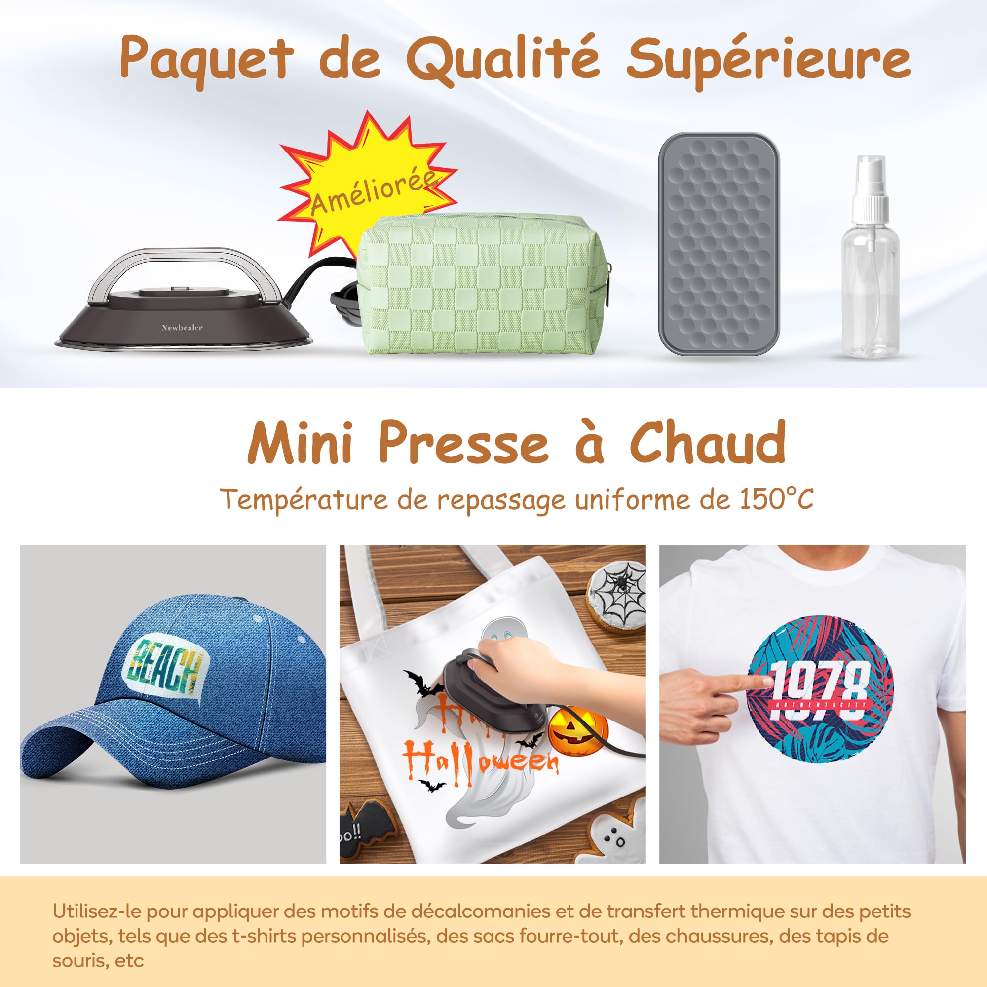 Newbealer Mini Fer à Repasser de Voyage Portable Léger Compact pour Vacances Couture avec Sac de Rangement, Tension Universelle pour Utilisation Globale, Chauffe Vite sans Vapeur, Marron