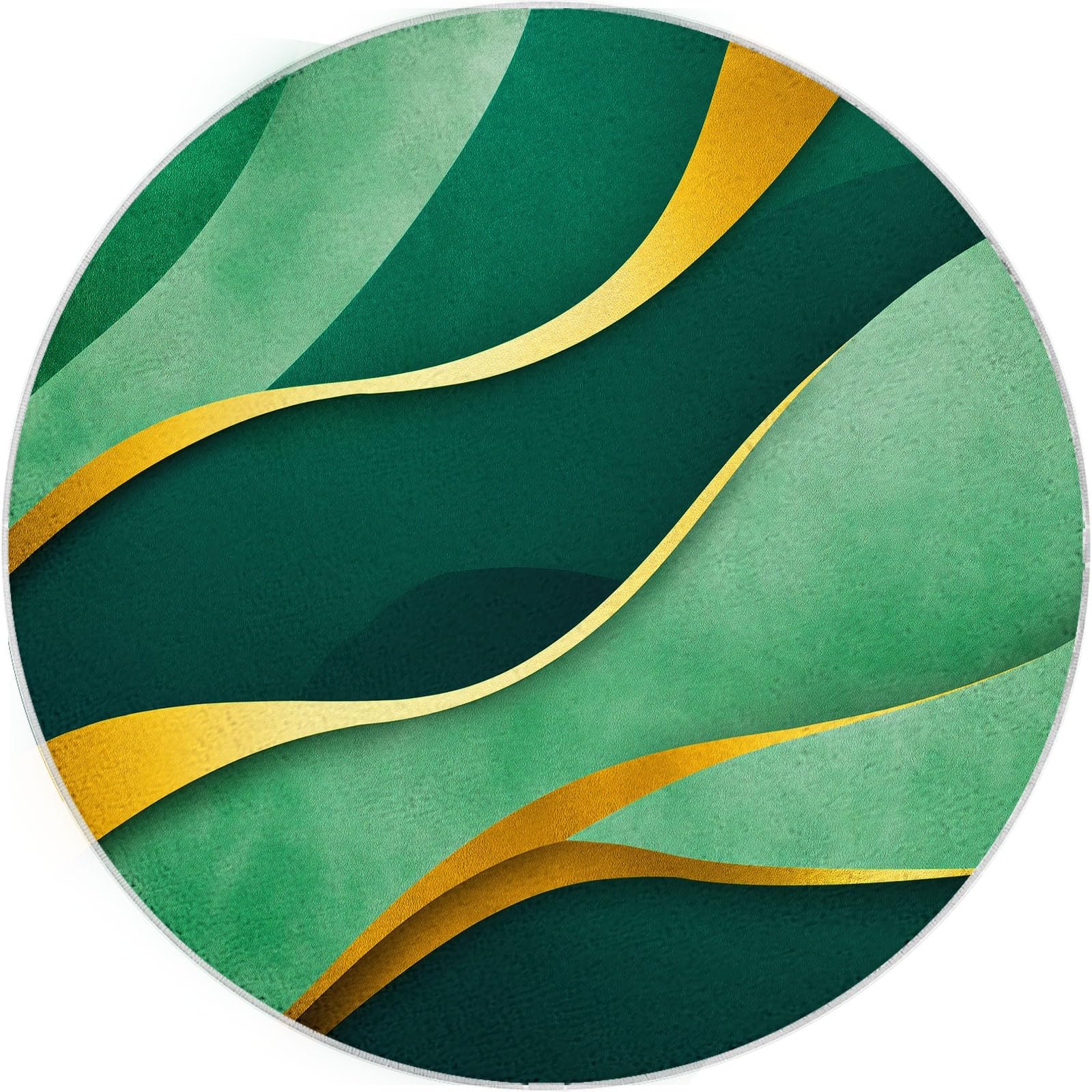 Générique Tapis Rond à Vagues Or Vert, Tapis de Ultra Fin Diamètre 180 cm, Doux, Antidérapant et Lavable, Couleur Design Abstrait pour Chambre Entrée Salle à Manger ou Dortoir Familial
