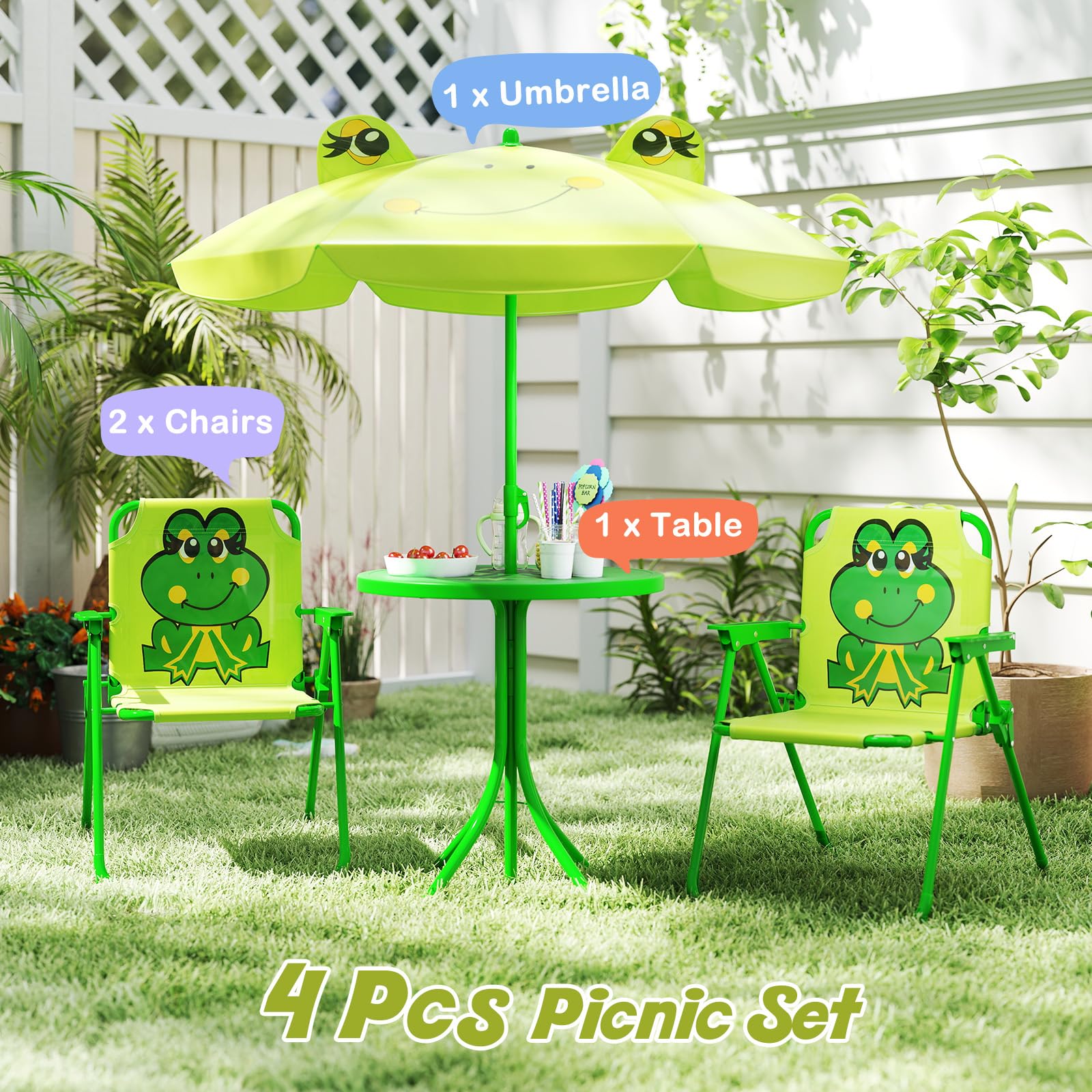 HONEY JOY Kids Picnic Table, Animal Themed Toddler Outdoor Table and Chair Set, 2 Folding Chairs & Removable Umbrella, Children Outdoor Furniture for Backyard Patio Garden (Light Green Frog)