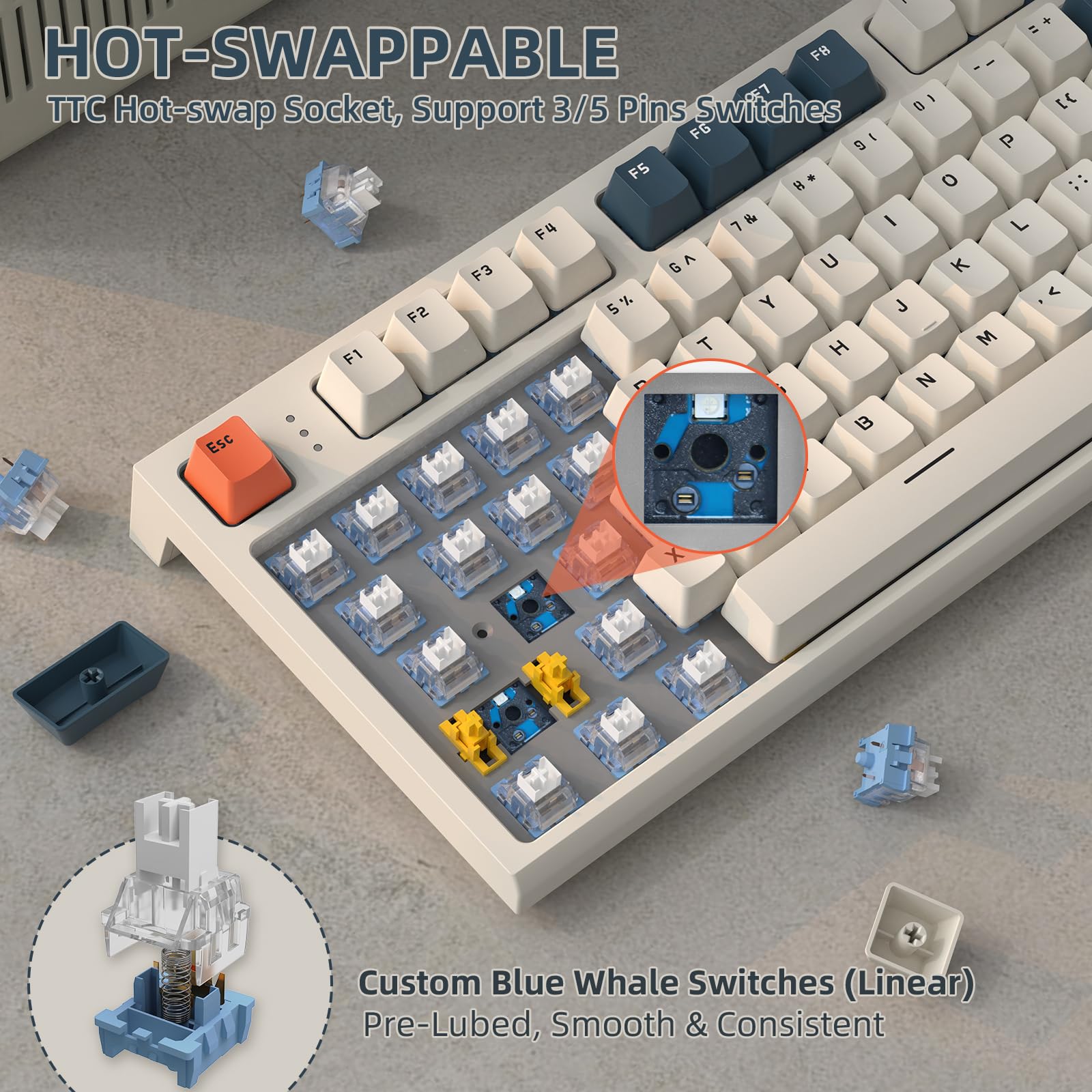 VGN GAME POWER RK86PRO mechaniczna klawiatura gamingowa, bezprzewodowa, 75% procent TKL, 2,4 G bezprzewodowy/Bluetooth/USB-C, RGB Gasket Keyboard M75 QWERTY, kolorowy wyświetlacz, pokrętło