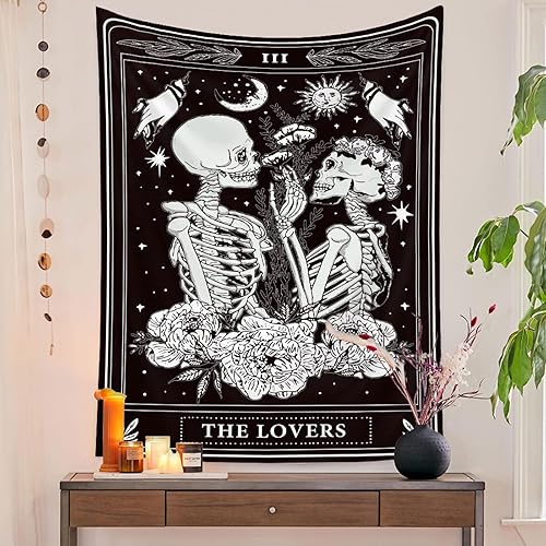 Naykow Skull Tapestries Black and White Skeleton Gothic Grunge Dark Witchy Wall Hanging Decor Tapestry for Bedroom Aesthetic Alt Room (70x90 inches vertical) - Black - 90L" x 70W"