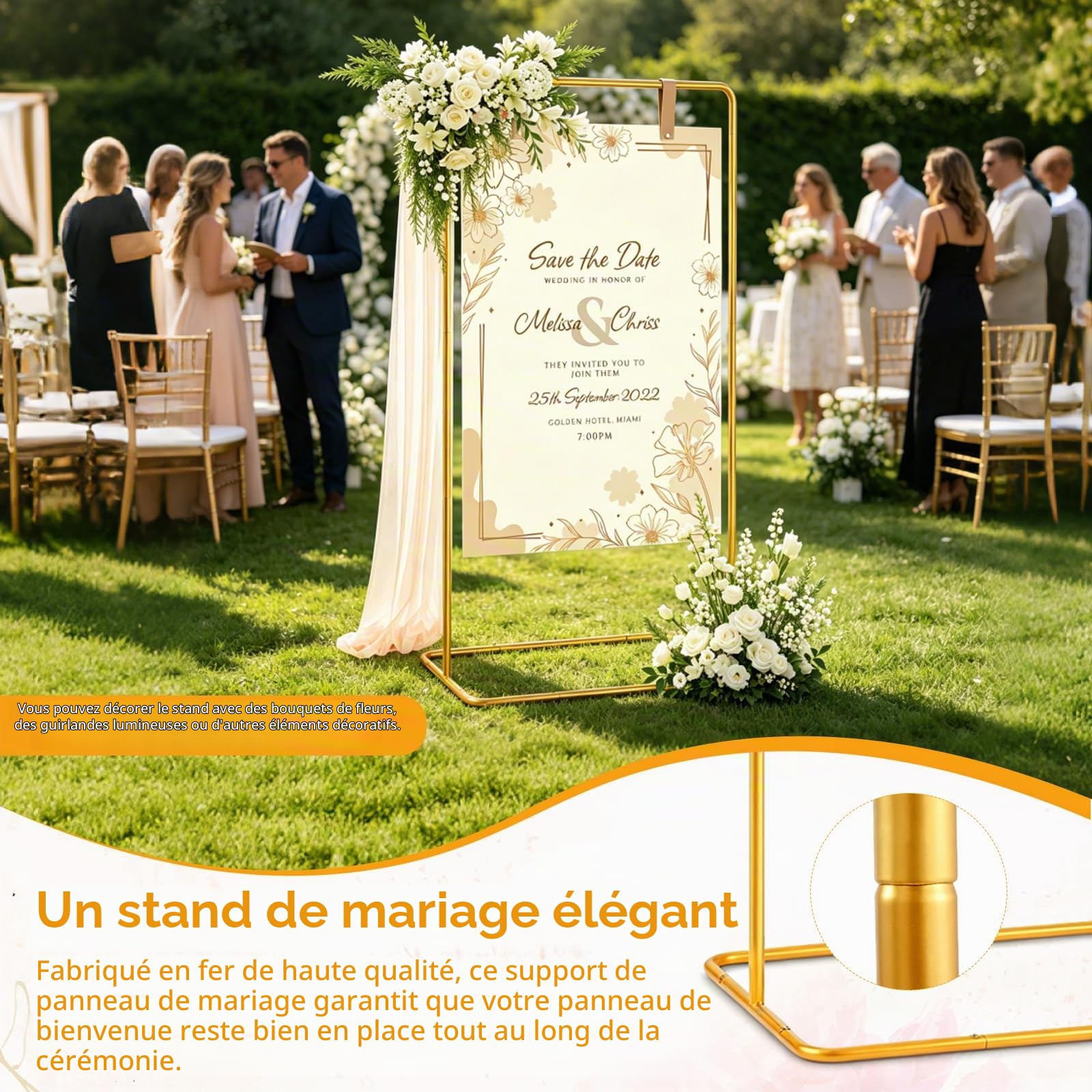 Présentoir Pour Panneau De Bienvenue De Mariage, 175x80x50cm Porte-Affiche De Mariage Ajustable En Métal Doré Avec 2 Sangles En Cuir Et Guirlande Lumineuse De 5M Pour Réception De Mariage