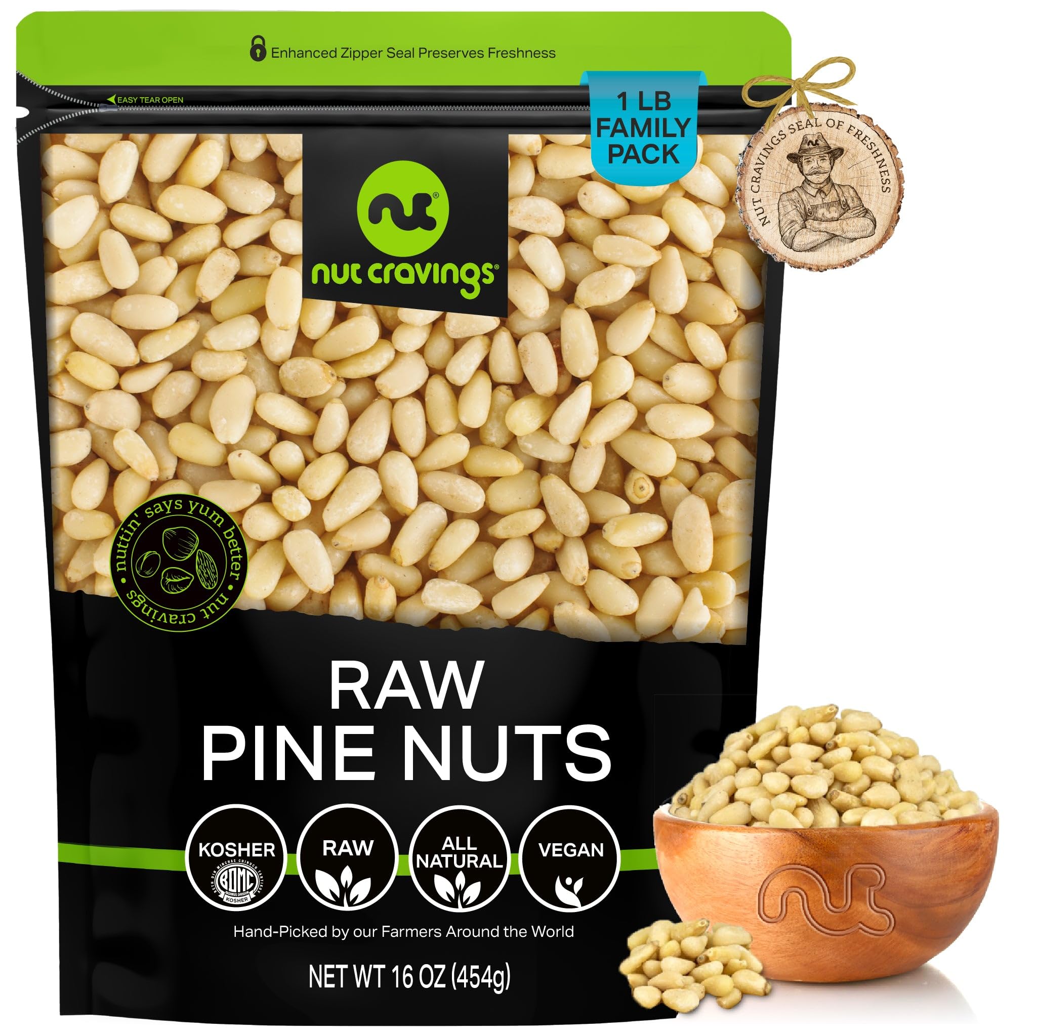 NUT CRAVINGS - Raw Pine Nuts Pignolias, Unsalted, Shelled, (16oz - 1 LB) Bulk Nuts Packed Fresh in Resealable Bag Kosher Healthy Snack, Food Assortments Ideal for Trail Mixed Nuts