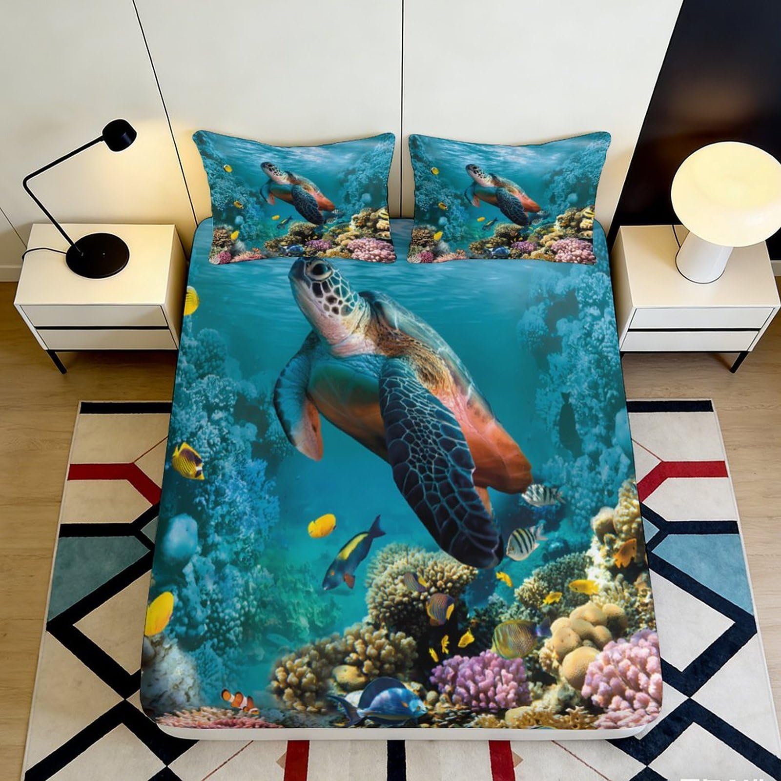 3D Printed Ocean Turtle Fitted Sheet Microfiber Soft Underwater Coral Mattress Cover for Bedroom Guest Room Decor 90x200x25cm