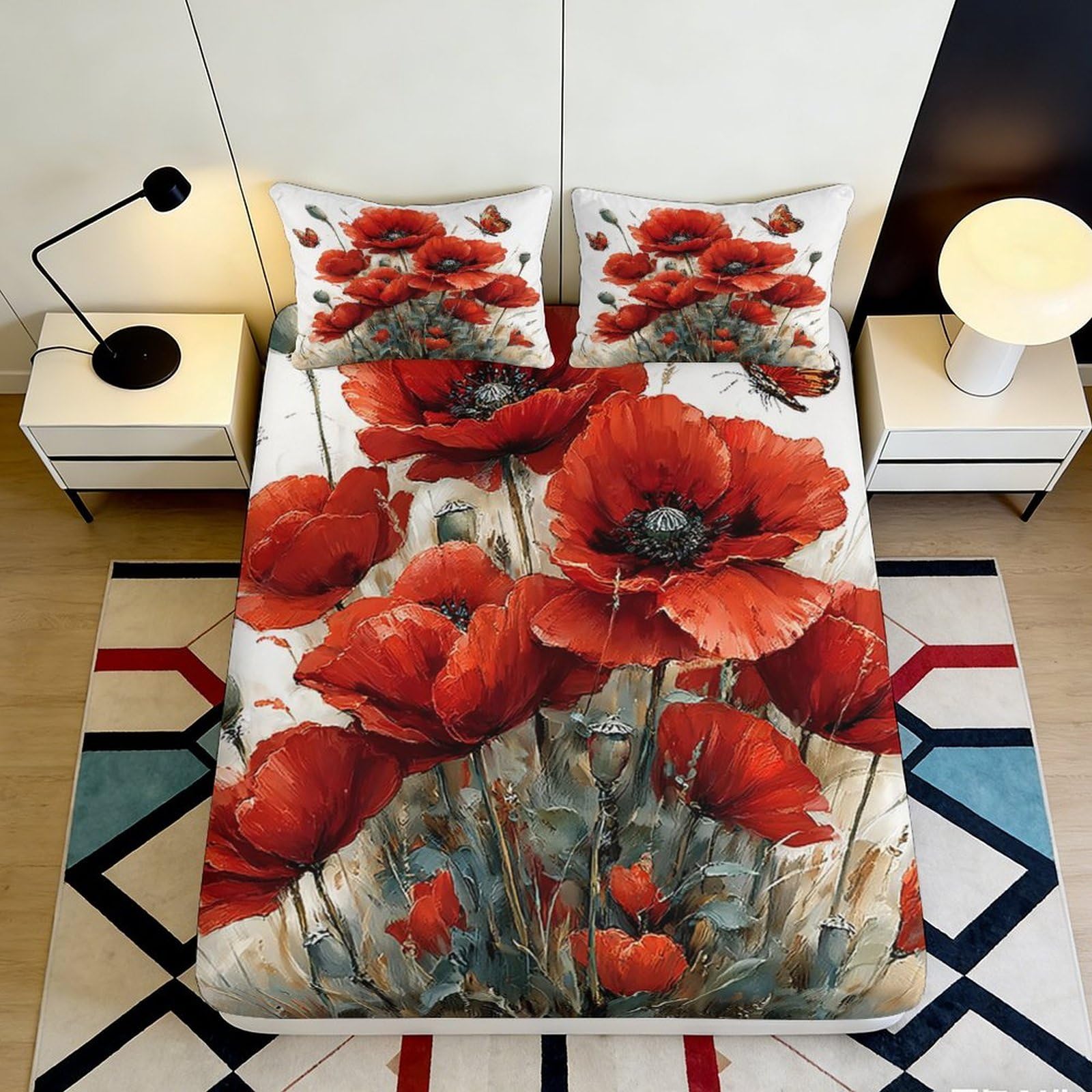 3D Printed Red Poppy Flower Fitted Sheet Microfiber Elegant Floral Bed Cover for Bedroom Guestroom Decor Easy Care 90x200x25cm