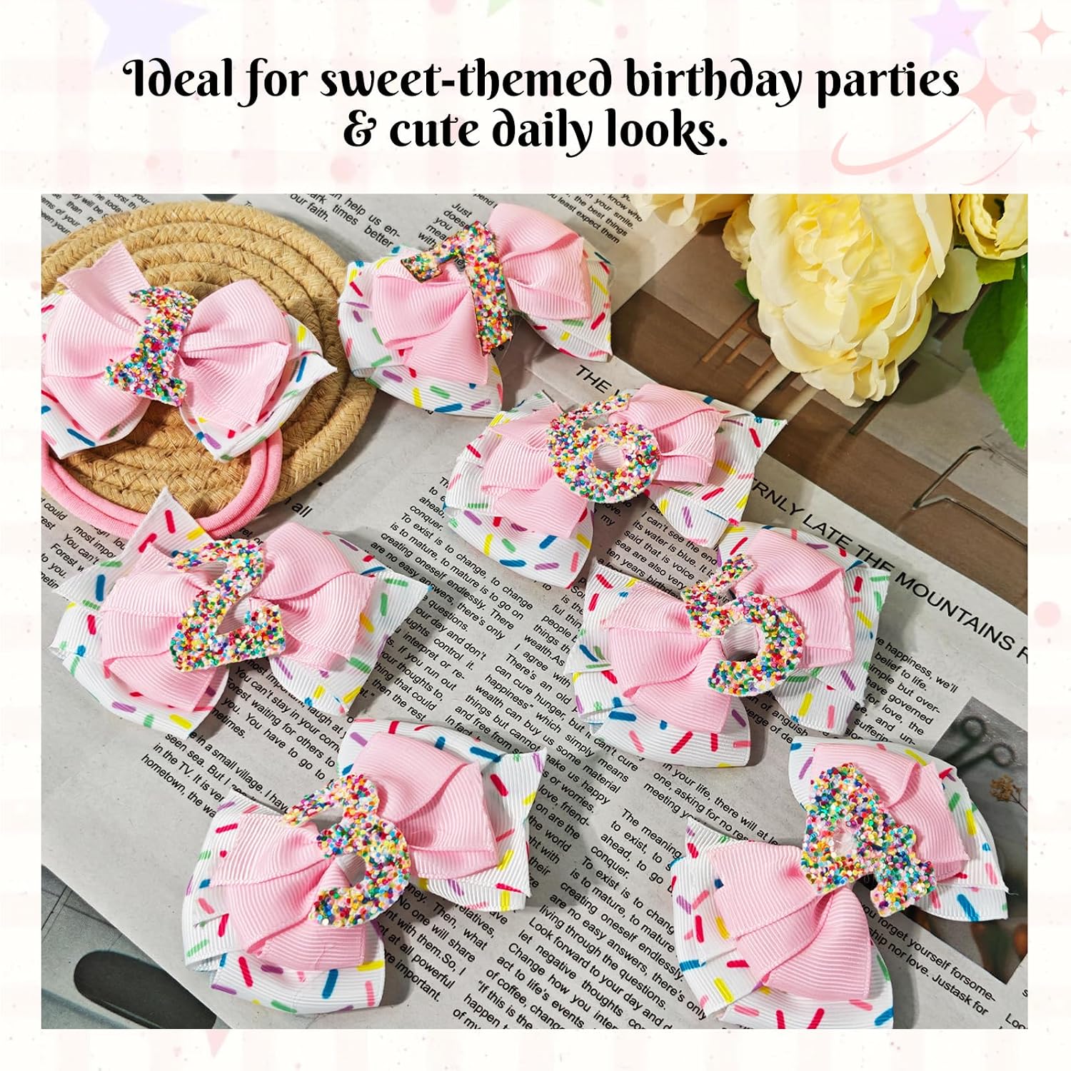 2PCS Birthday Hair Bows for Baby Girls, Pink Ice Cream Sprinkle Theme Hair Accessories for 1 2 3 4 5 6 7 Years, Sweet Party Outfit Decoration for 1st Birthday