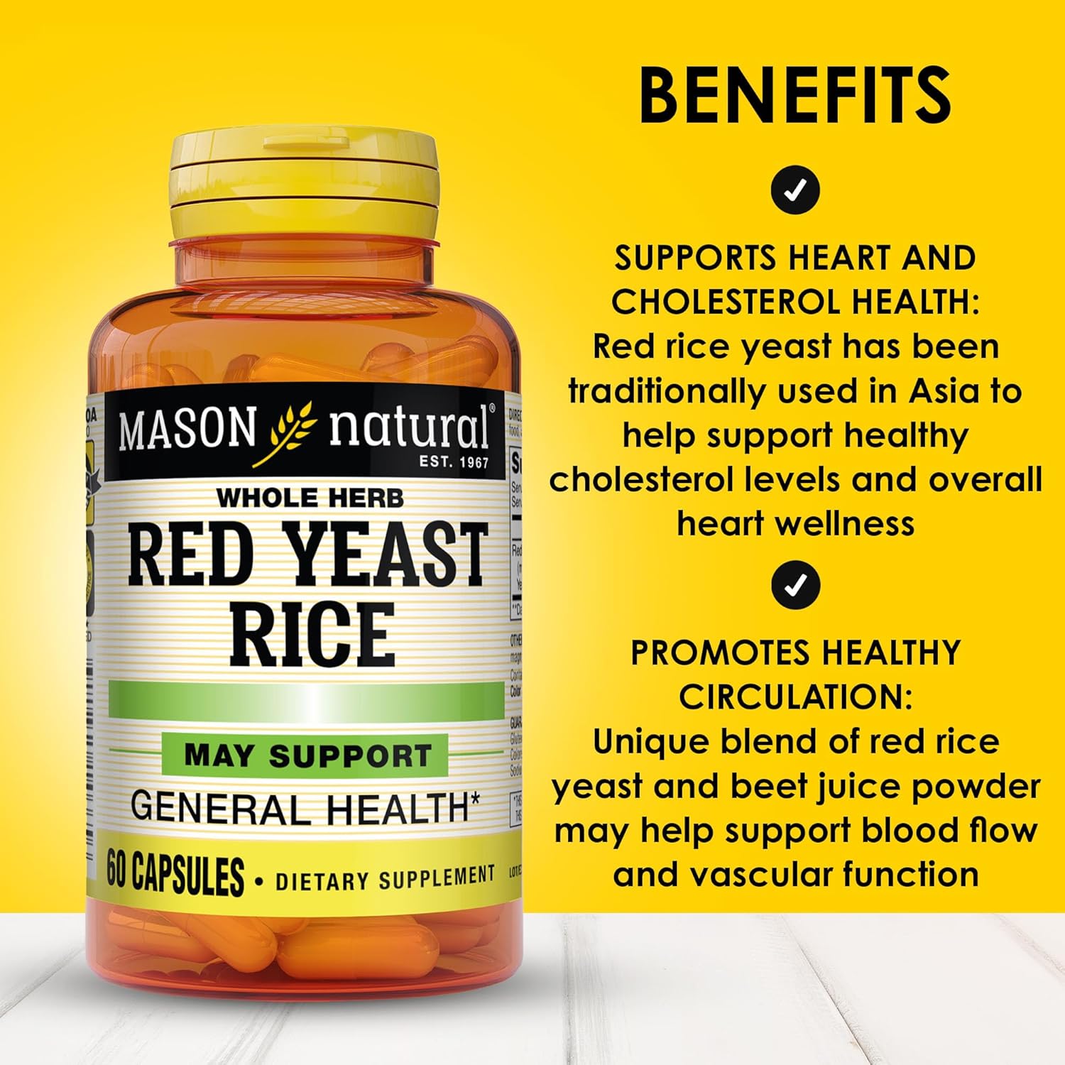 MASON NATURAL Red Yeast Rice, Supports Heart Health & Blood Circulation, Herbal Supplement, 60 Capsules, Pack of 3