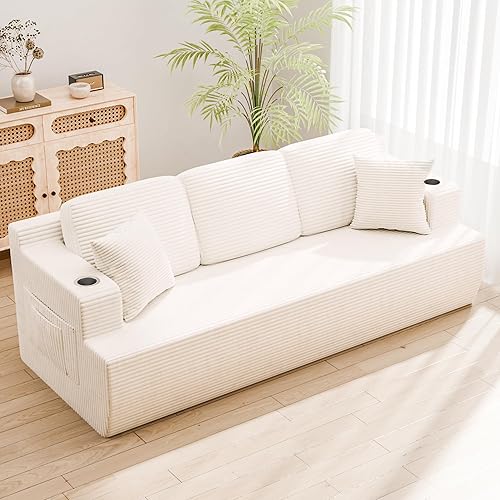 Homall 87” Boneless Sofa Couch with 2 Pillows Extra Deep Seats, Corduroy Fabric 3 Seater with Cup Holder & Storage Pocket Upholstered Floor Easy Installation (White, 3 Seater)