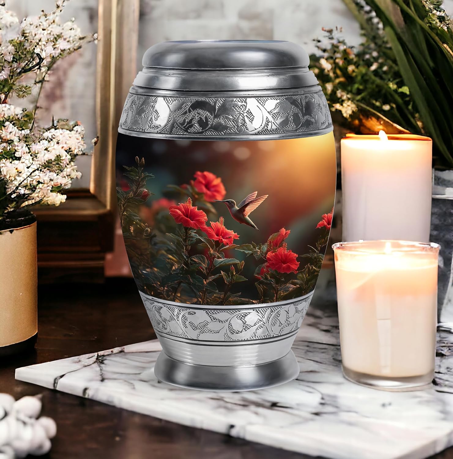 Humming Bird Small Urns for Mom - Sunflowers Mini Burial Urns for Cremated Remains - Funeral Urn for Daughter and Son Keepsake - Memorial Gift 4 Keepsake Set with 10 Inch