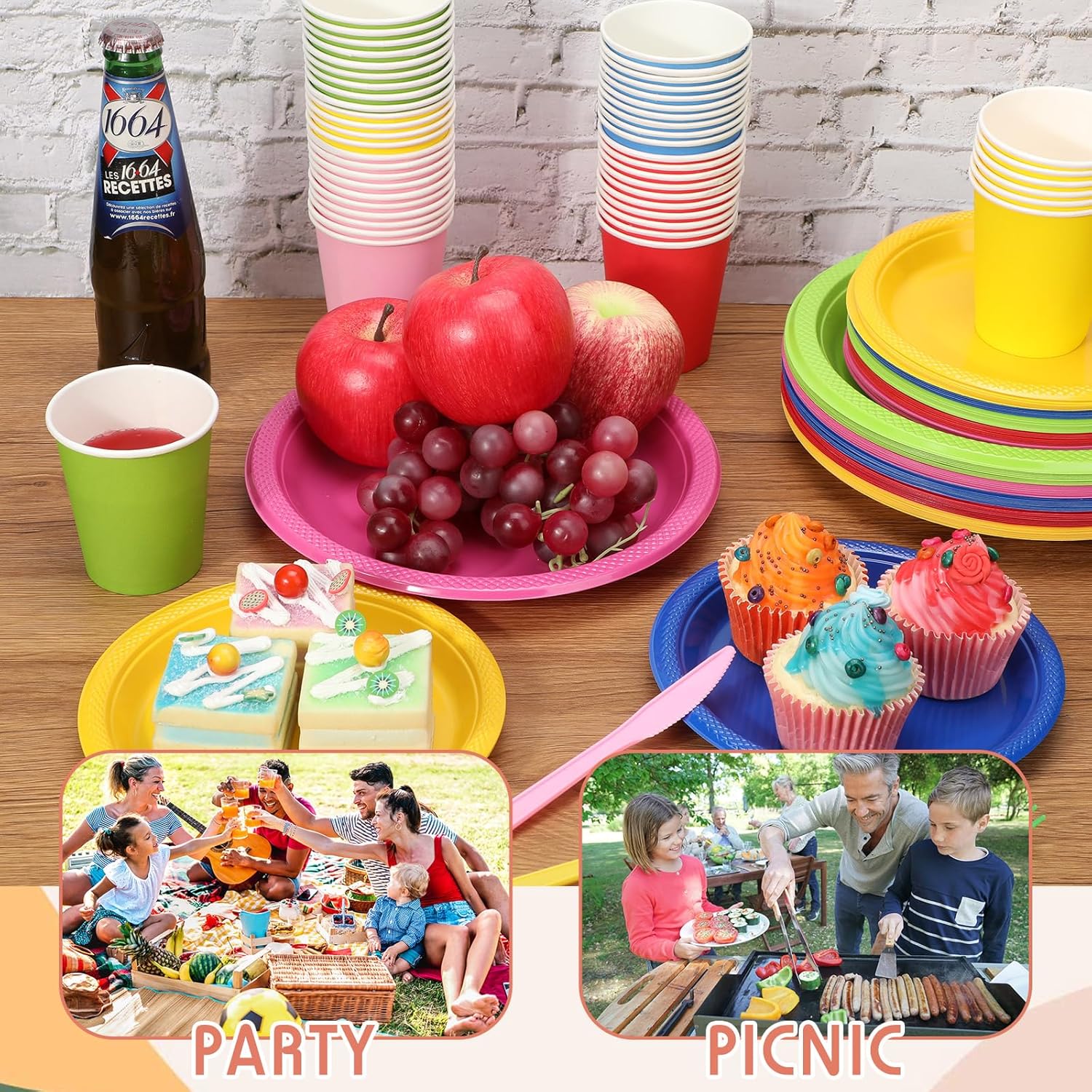 Yaomiao 300 Pcs Multi Color Disposable Dinnerware Set Include 100 Pcs 7 Inch and 9 Inch Disposable Plastic Plate, 50 Forks, 50 Knives, 50 Spoons, 50 Pieces 9 oz Cup, Dinner Neon Party Plates
