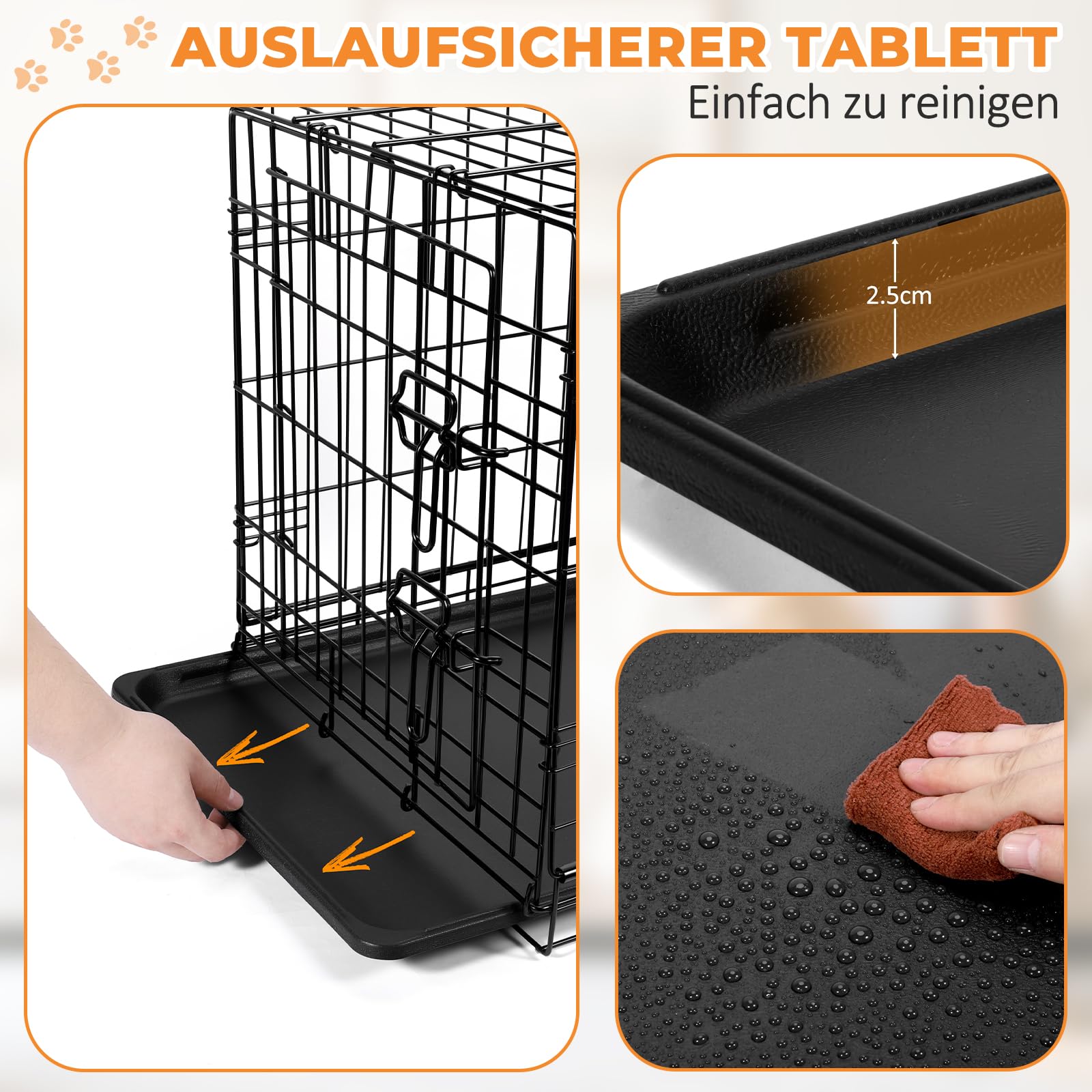 Hundekäfig faltbar 60 x 42.5 x 48 cm,S,2 Türen,Metall Draht,mit ausziehbarer Kunststoffschale & Abnehmbarer Trennwand,Schwarz,Hundebox für Zuhause & Transport