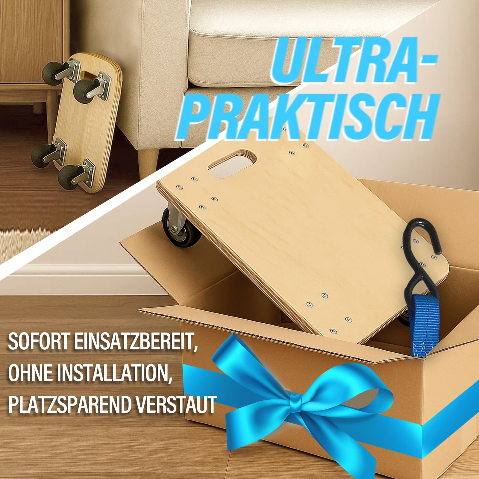 Rollbrett mit Zugseil 30×30 cm | Schwerlast-Transportroller 200 kg Tragkraft | Möbelroller & Pflanzenroller für Möbel, Kisten & Pflanzkübel | Transportbrett mit Rollen | Umzugsroller