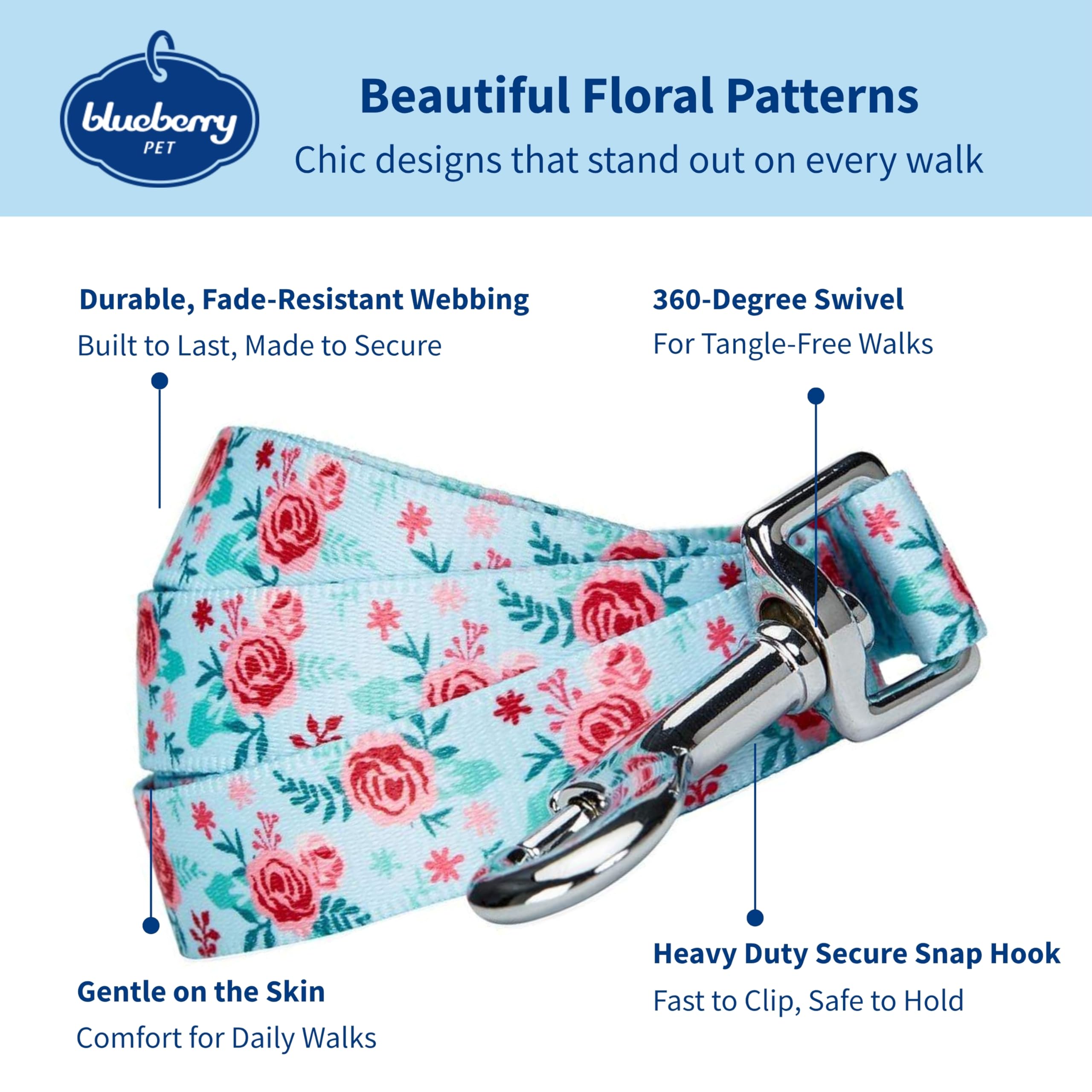 Blueberry Pet Essentials Frühlingsduft Inspirierte Garten Geblümte Hundeleine in Pastellblau, 150 cm x 2cm, M - 3