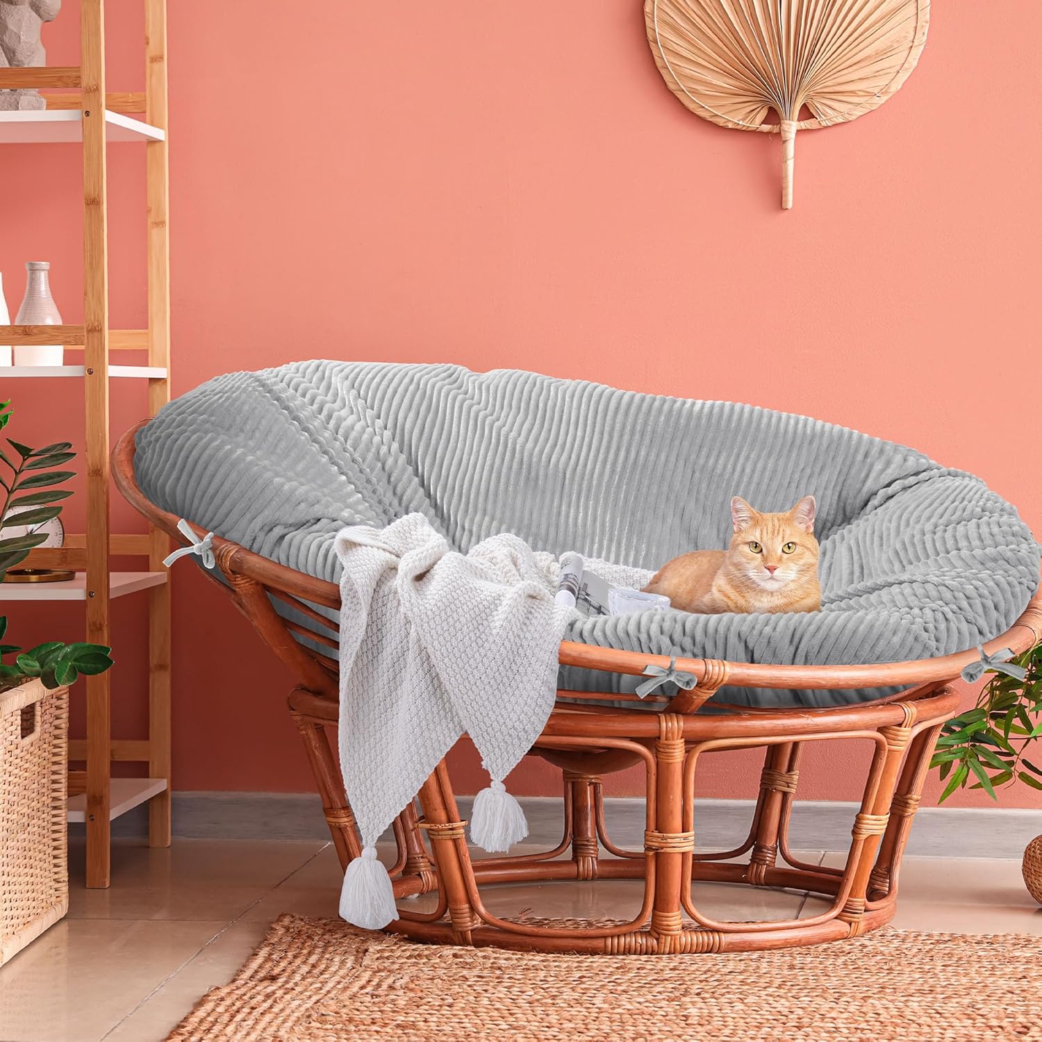 MABOZOO Shaggy Double Papasan Cushion Cover, Faux Fur Wicker Egg Chair Cushion Covers with Fluffy Plush, Hammock Slipcover Only for Papasan Cushion, Gray, 70x49x7 Inch (ONLY Cover, NO Cushion)
