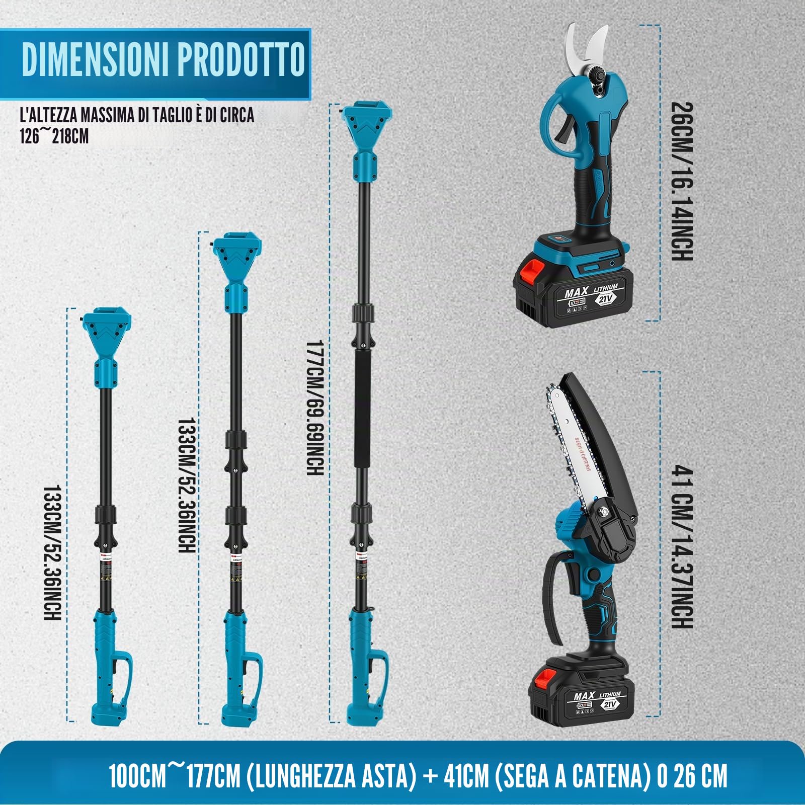 Troncarami a batteria 4 in 1 con telescopio da 2 m, mini motosega da 8 pollici, forbici da 25 mm/30 mm, motore senza spazzole, 2 batterie da 3,0 Ah da 21 V, angolo regolabile a 180°